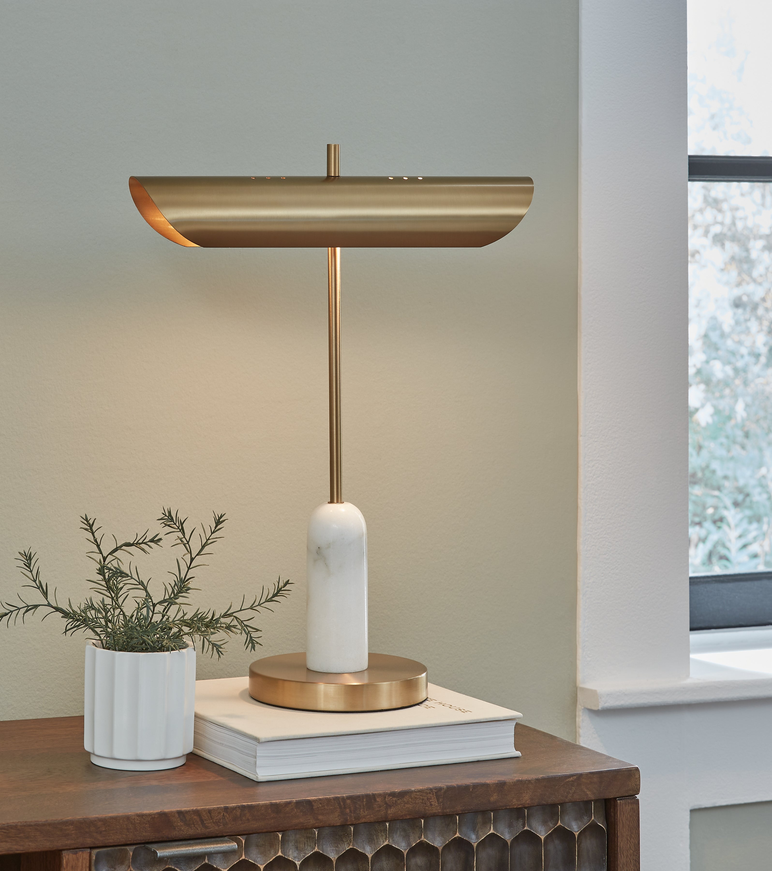 Best Furniture Outlet - Ashley Furniture - Rowleigh Lighting - Marble Desk Lamp (1/CN) / Gold Finish/White - L734392
