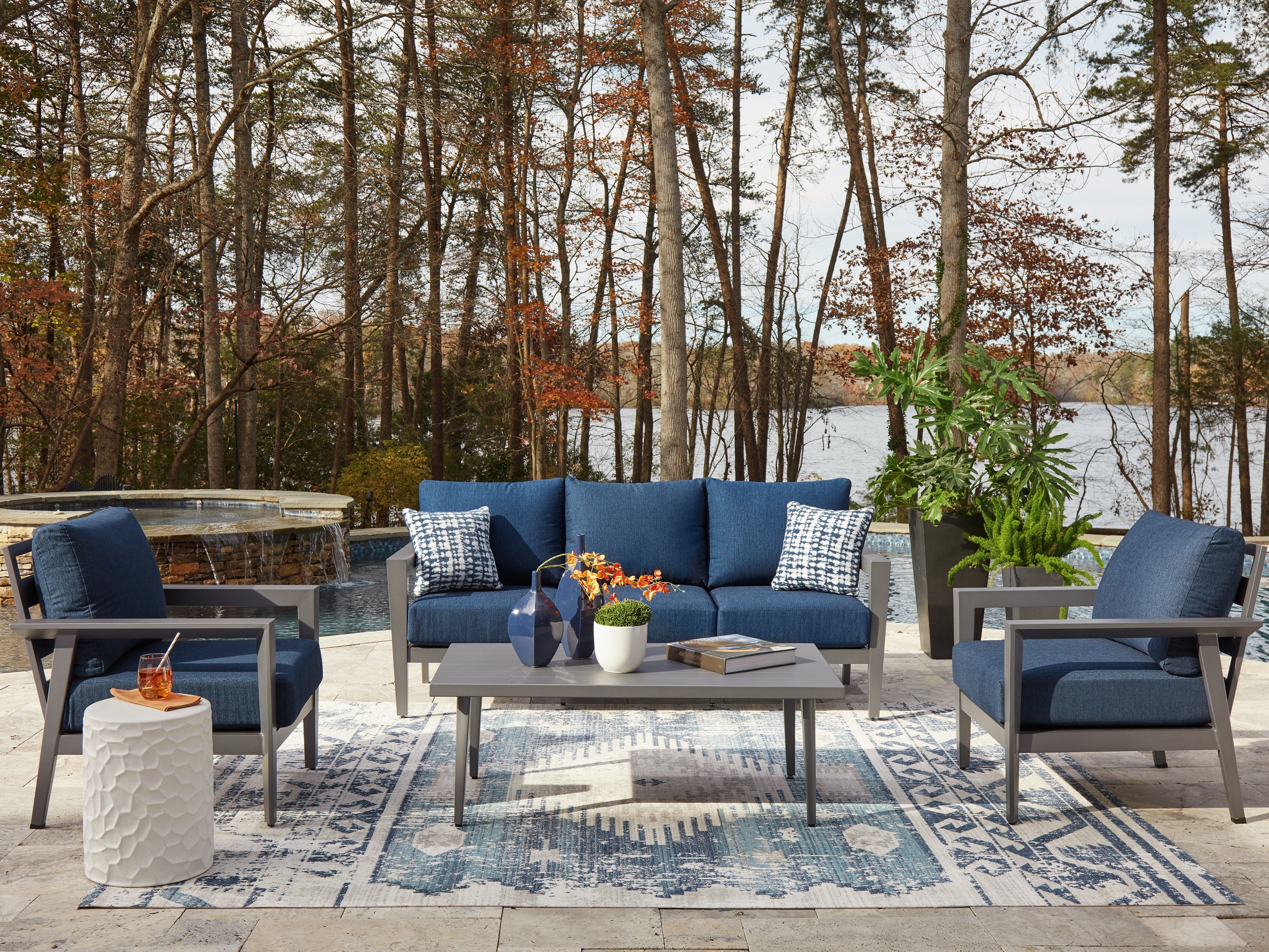 Best Furniture Outlet - Ashley Furniture - Gali Outdoor - Sofa/Chairs/Table Set (4/CN) / Gray/Blue - P275-081