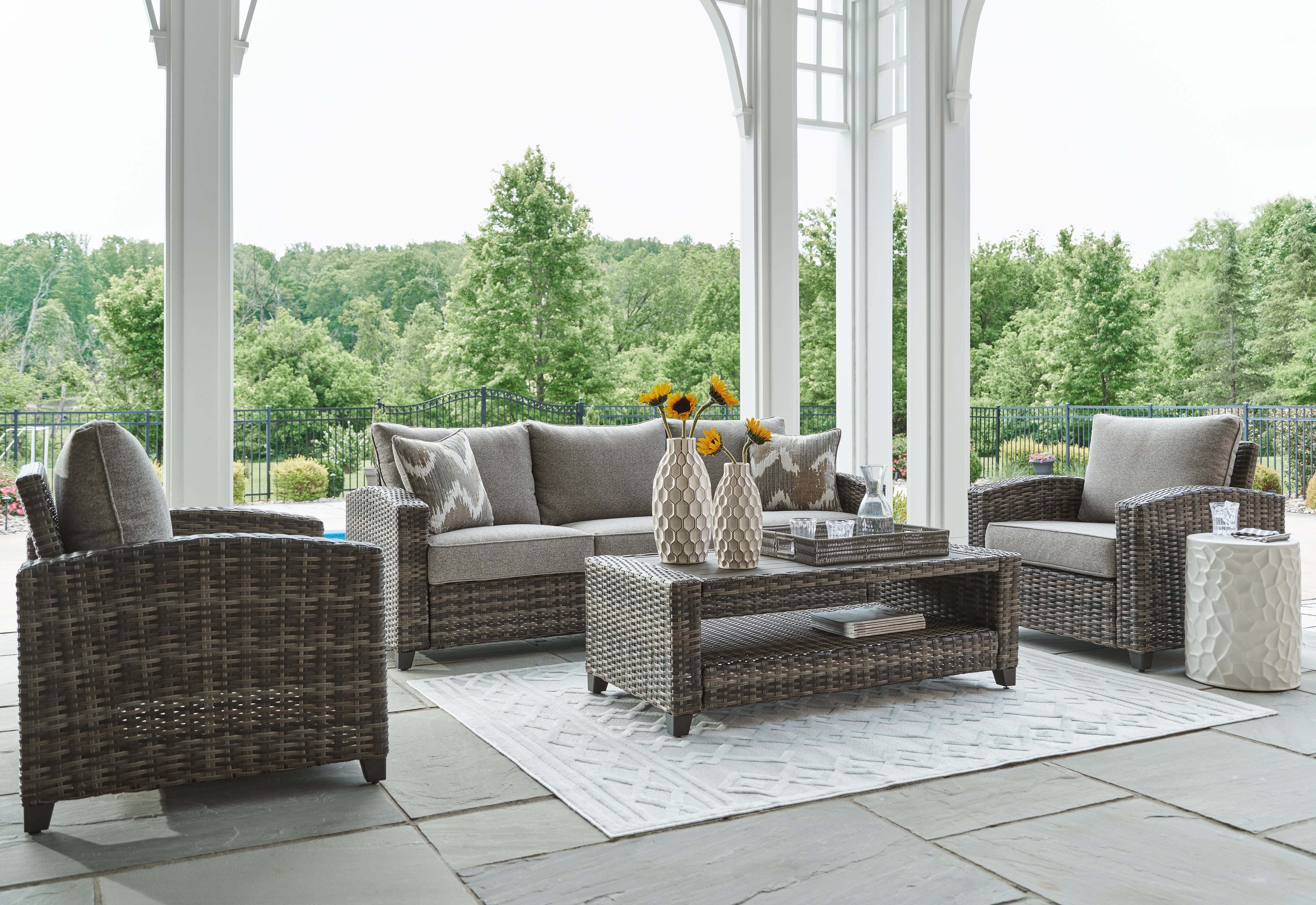 Best Furniture Outlet - Ashley Furniture - Oasis Court Outdoor - Sofa/Chairs/Table Set (4/CN) / Gray - P335-081