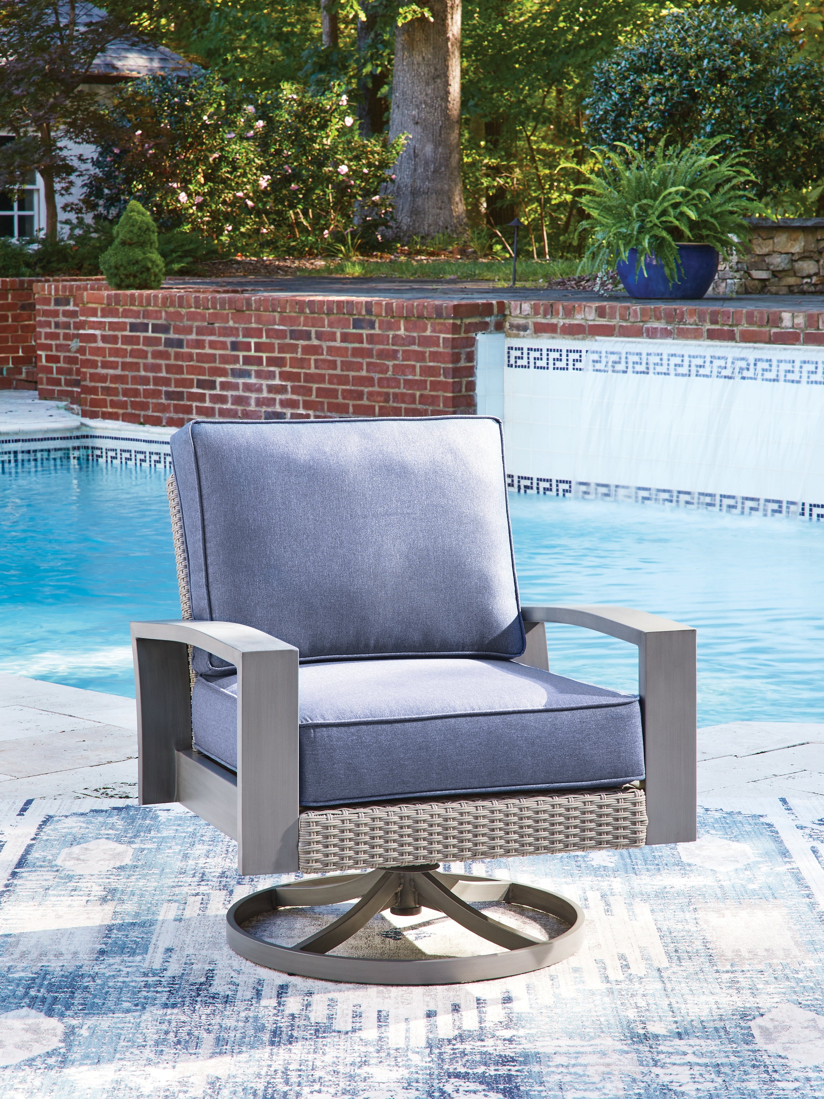 Best Furniture Outlet - Ashley Furniture - Half Moon Beach Outdoor - Swivel Lounge w/ Cushion / Blue/Gray - PCP418-821
