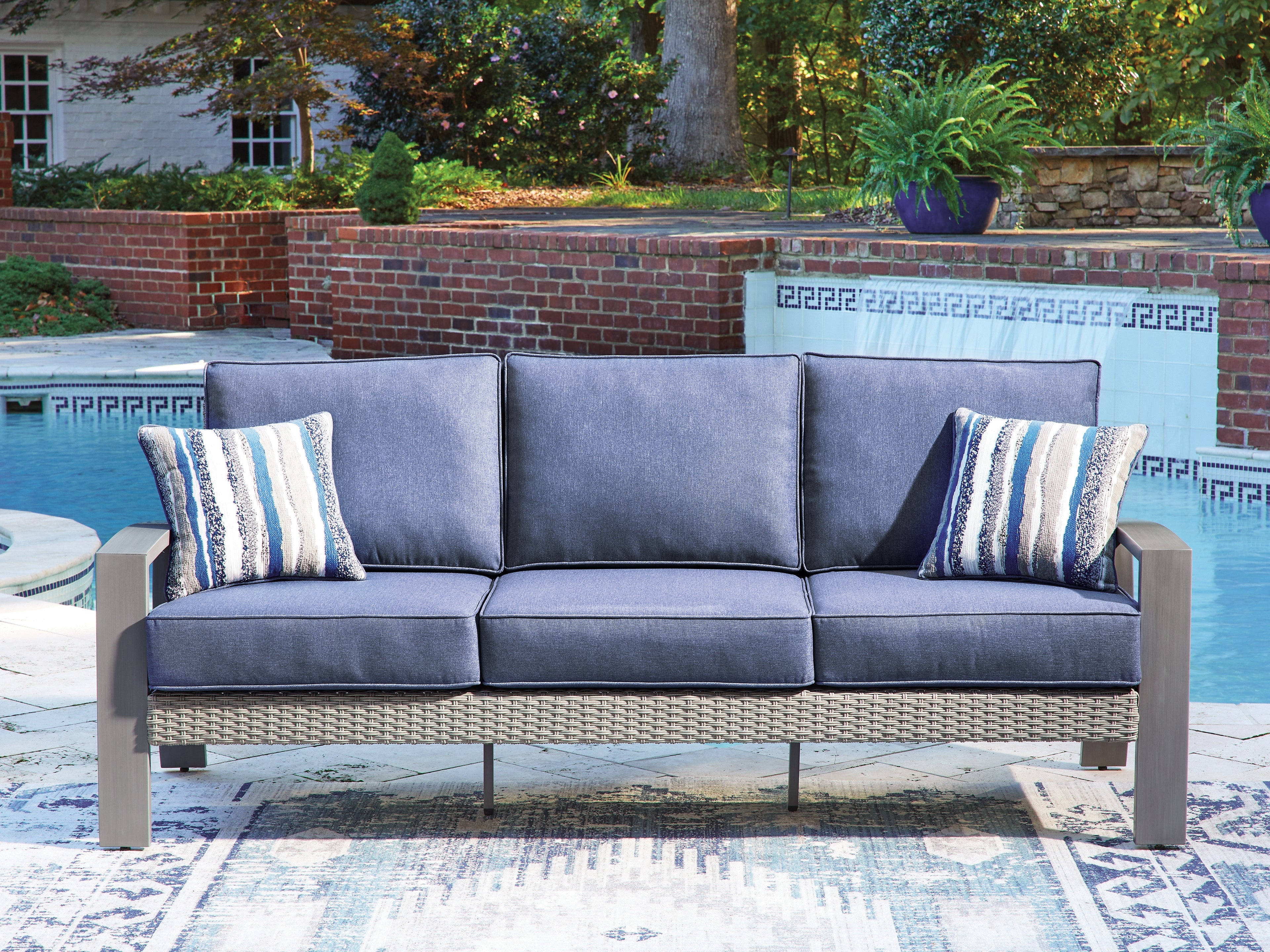 Best Furniture Outlet - Ashley Furniture - Half Moon Beach Outdoor - Sofa with Cushion / Blue/Gray - PCP418-838