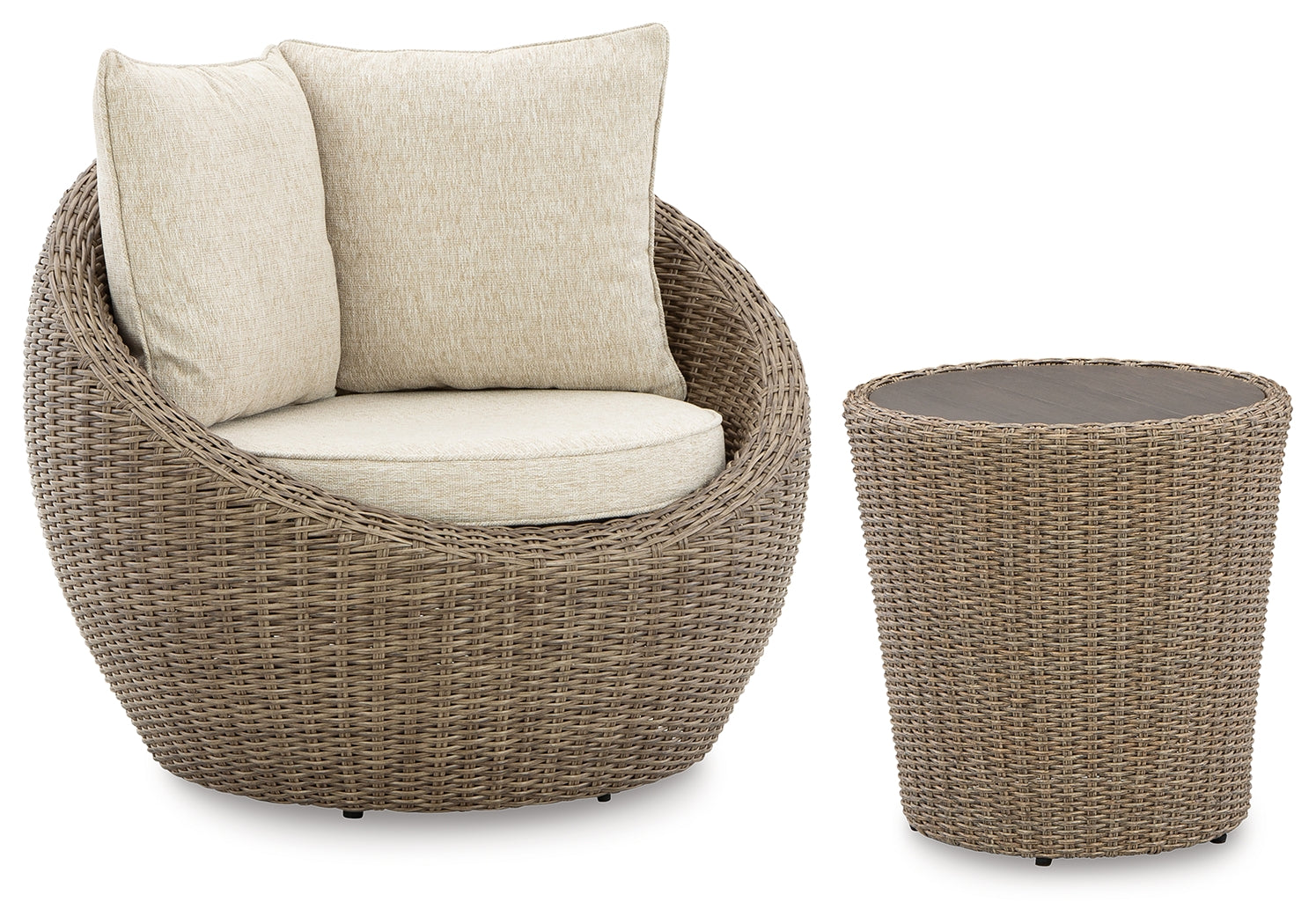 Best Furniture Outlet - Ashley Furniture - Danson Outdoor - 2 Swivel Lounge Chairs and End Table / Beige - P505P1