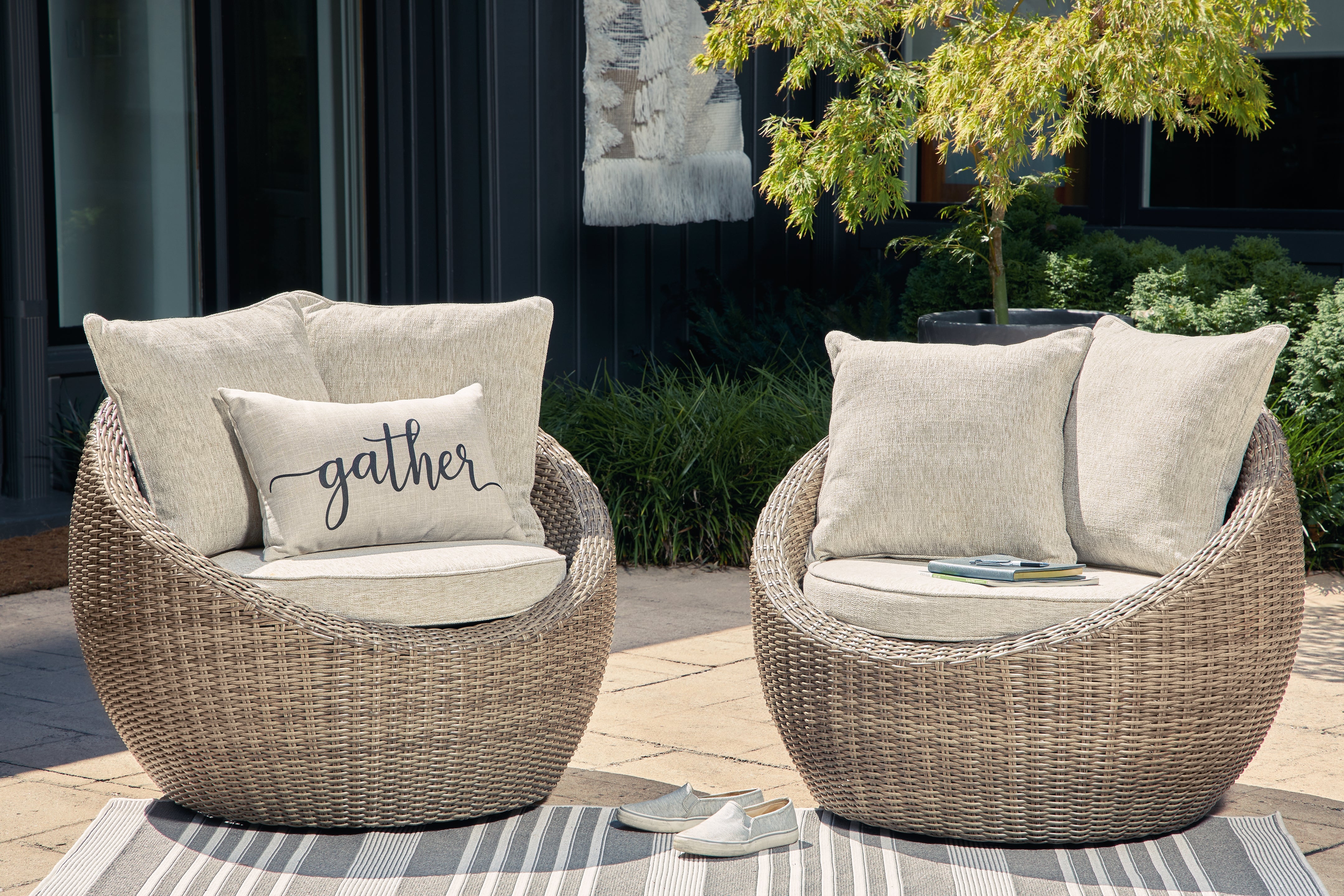 Best Furniture Outlet - Ashley Furniture - Danson Outdoor - Swivel Lounge w/Cushion (Set of 2) / Beige - P505-821