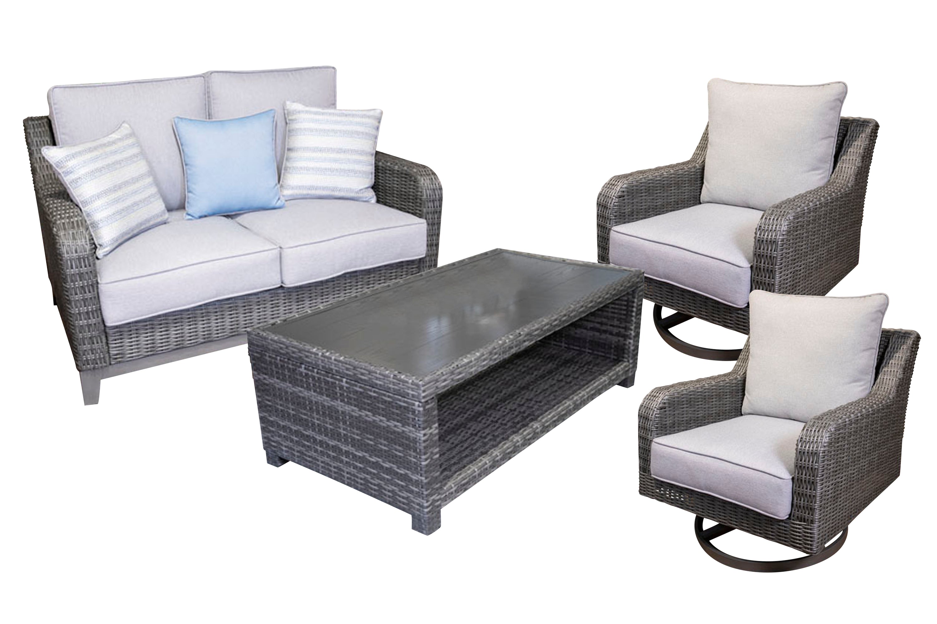 Best Furniture Outlet - Ashley Furniture - Elite Park Outdoor - Outdoor Loveseat, 2 Lounge Chairs and Coffee Table / Gray - P518P1