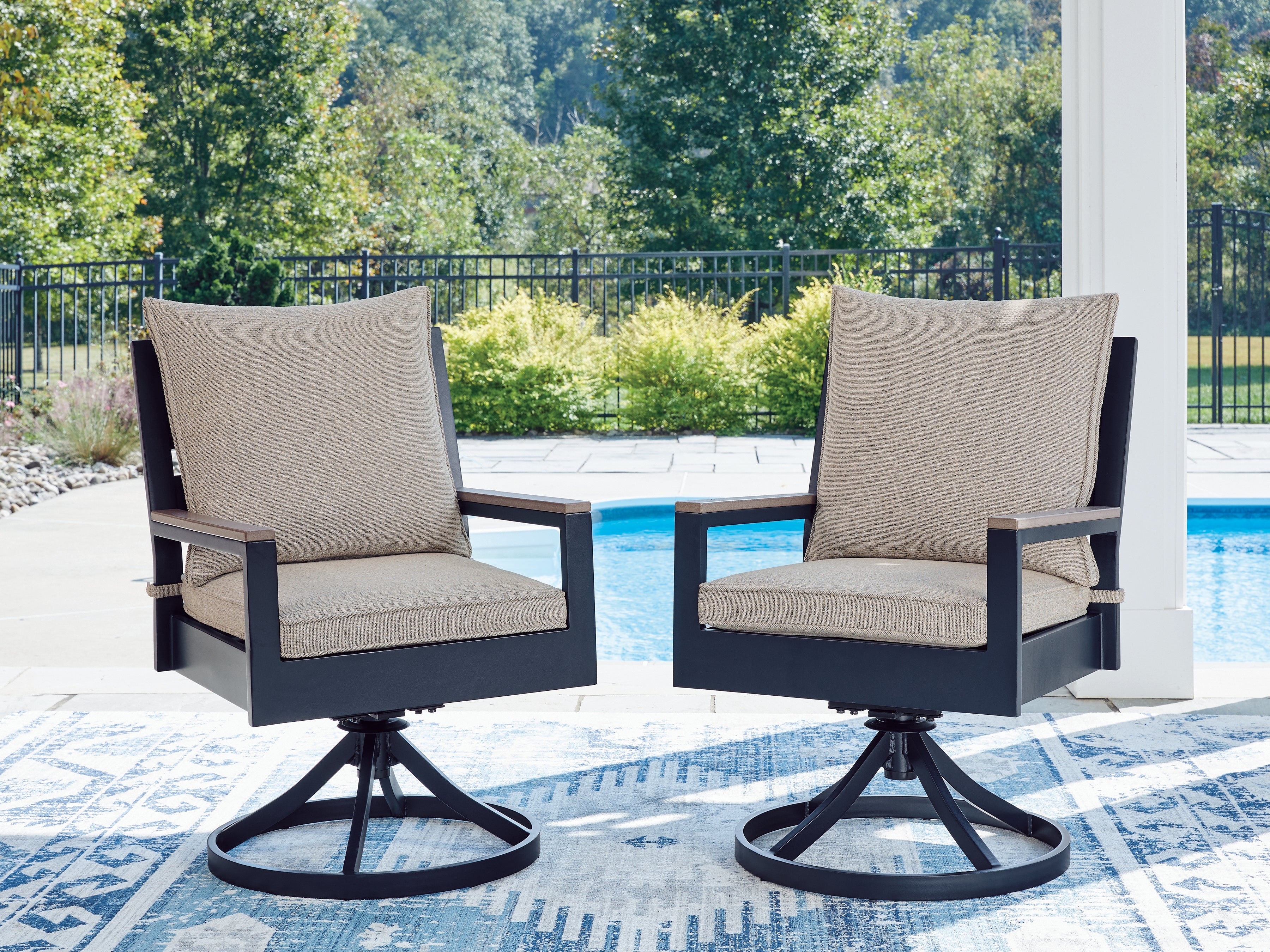 Best Furniture Outlet - Ashley Furniture - East Beach Outdoor - Swivel Chair w/Cushion (Set of 2) / Navy Blue/Driftwood - PCP587-602A
