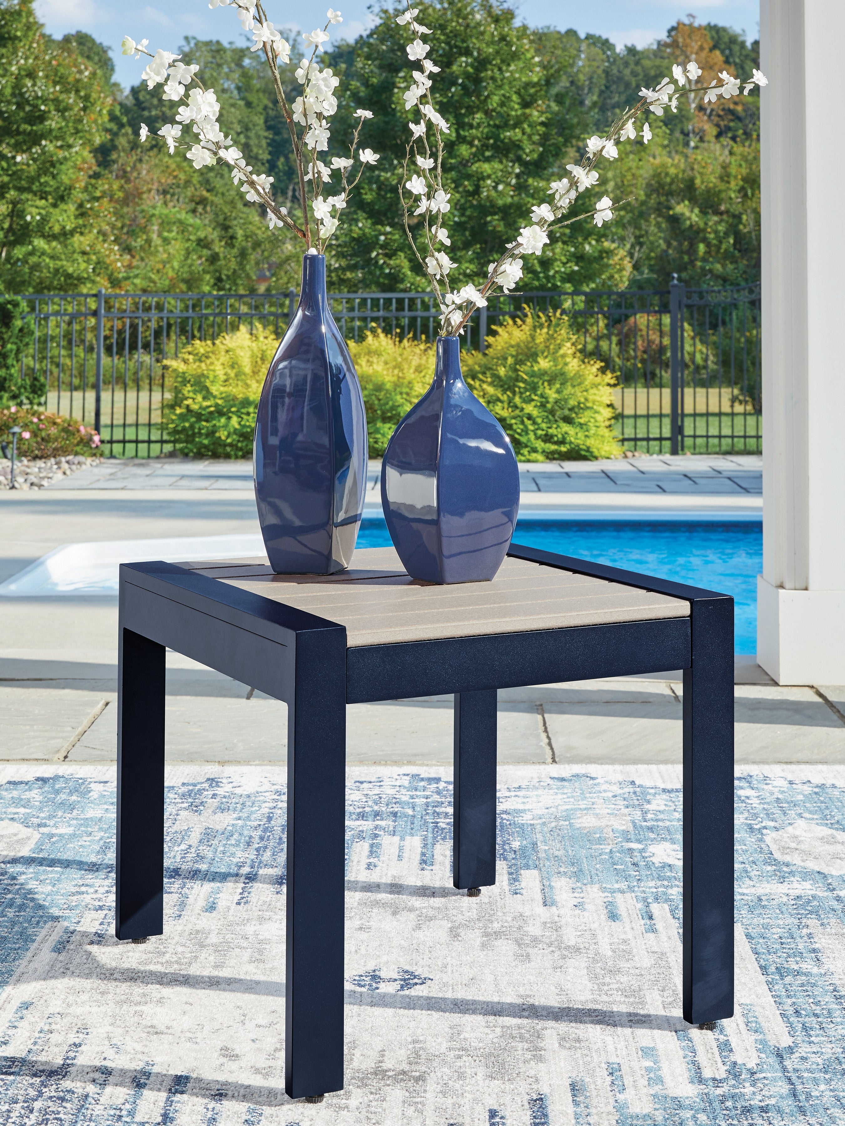 Best Furniture Outlet - Ashley Furniture - East Beach Outdoor - Rectangular End Table / Navy Blue/Driftwood - PCP587-703