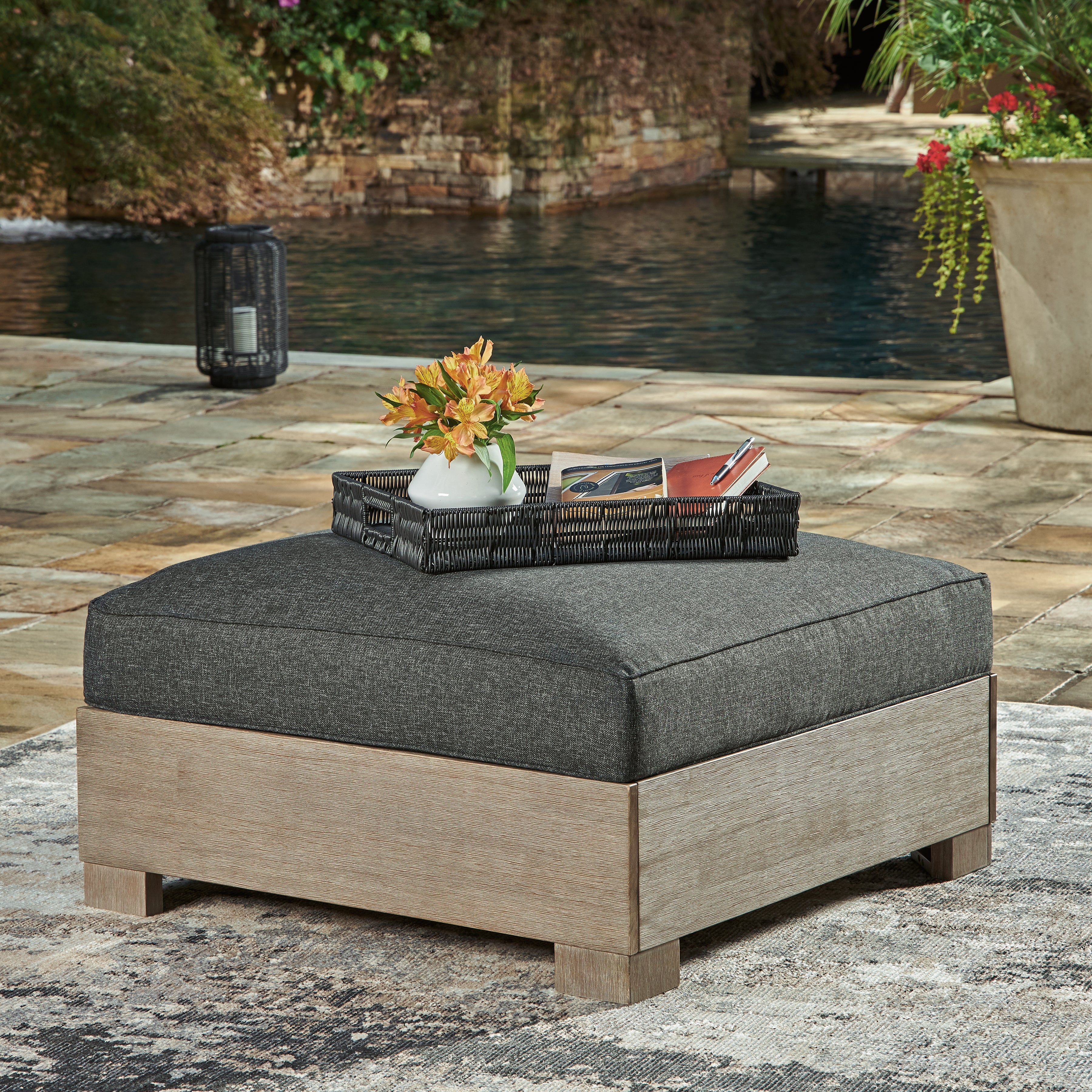 Best Furniture Outlet - Ashley Furniture - Citrine Park Outdoor - Ottoman with Cushion / Brown/Charcoal - P660-814