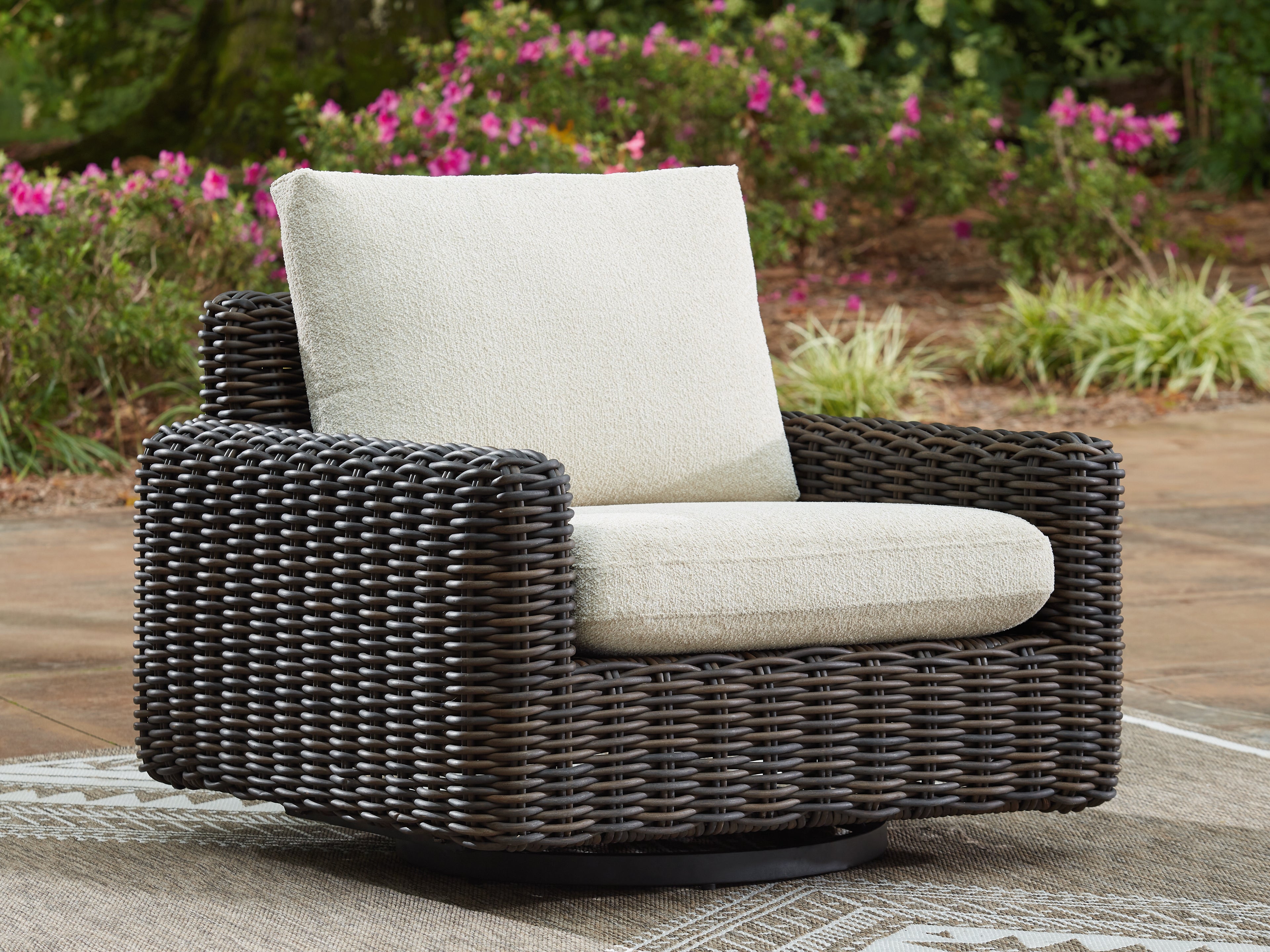 Best Furniture Outlet - Ashley Furniture - Kimora Outdoor - Swivel Glider Lounge w/Cushion / Beige/Dark Brown - P711-821
