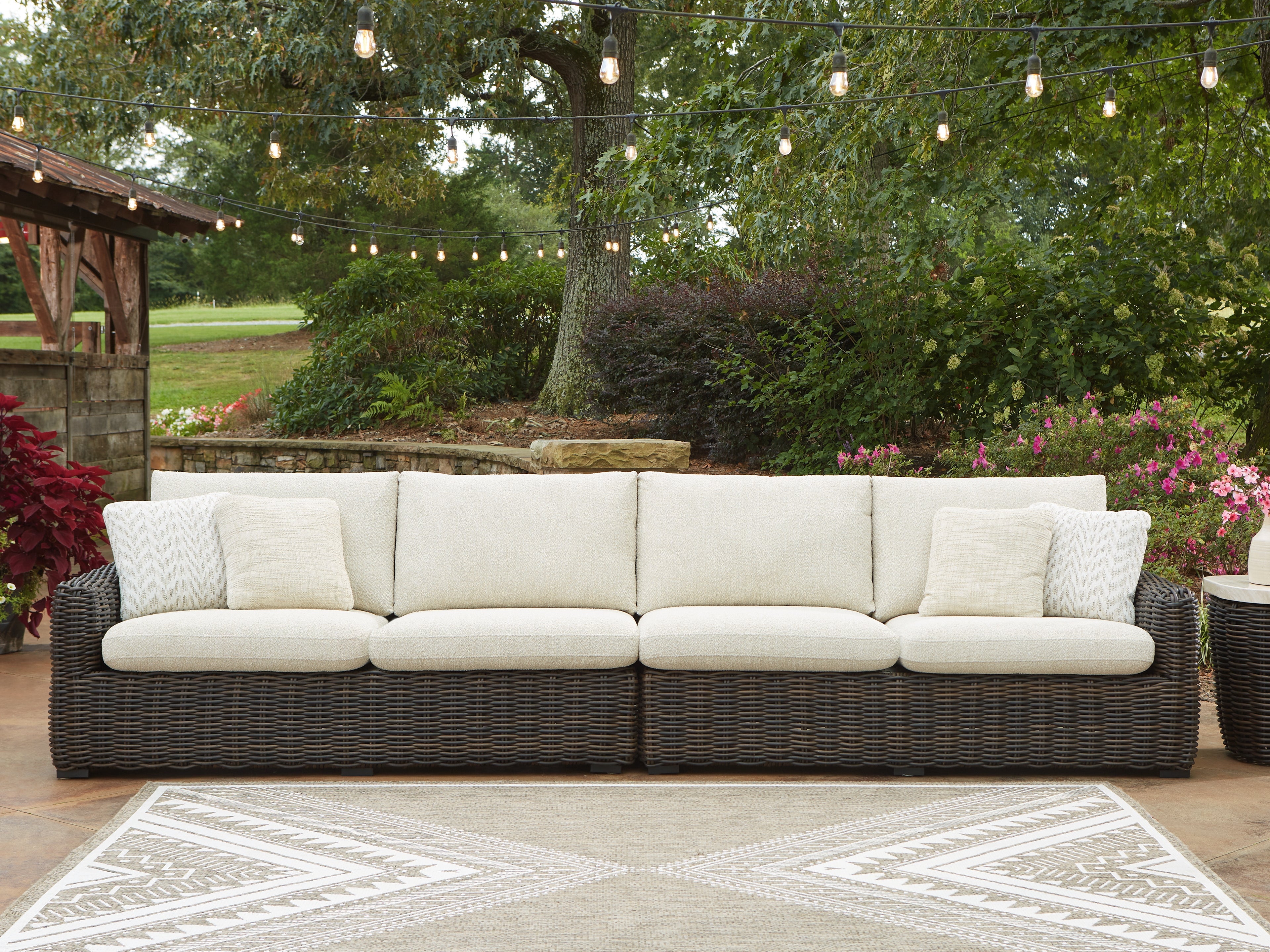 Best Furniture Outlet - Ashley Furniture - Kimora Outdoor - RAF/LAF Loveseat w/CUSH (Set of 2) / Beige/Dark Brown - P711-854