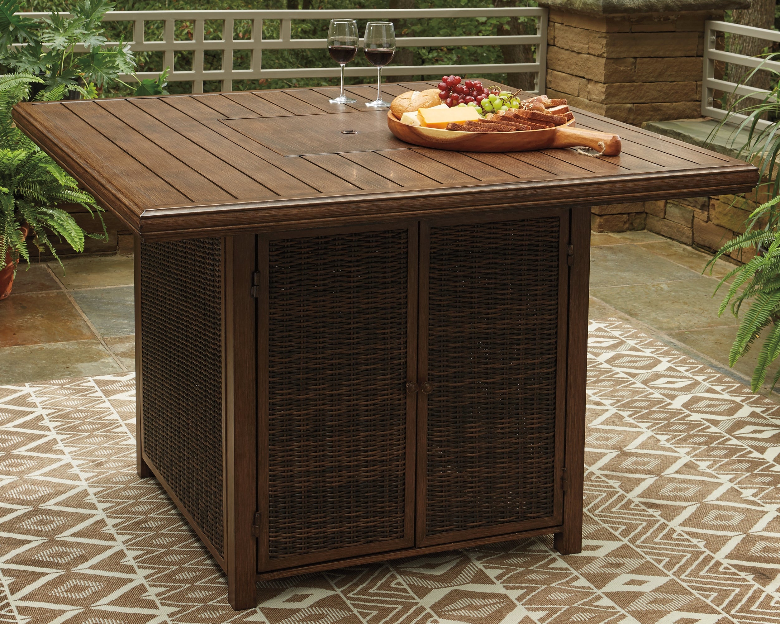 Best Furniture Outlet - Ashley Furniture - Paradise Trail Outdoor - Square Bar Table w/Fire Pit / Medium Brown - P750-665