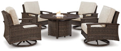 Best Furniture Outlet - Ashley Furniture - Paradise Trail Outdoor - Outdoor Fire Pit Table with 4 Lounge Chairs / Medium Brown - P750P7