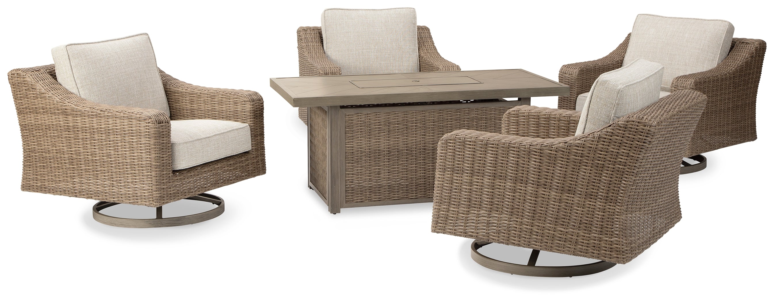 Best Furniture Outlet - Ashley Furniture - Beachcroft Outdoor - 5-Piece Outdoor Fire Pit Table with 4 Chairs / Beige - P791P17