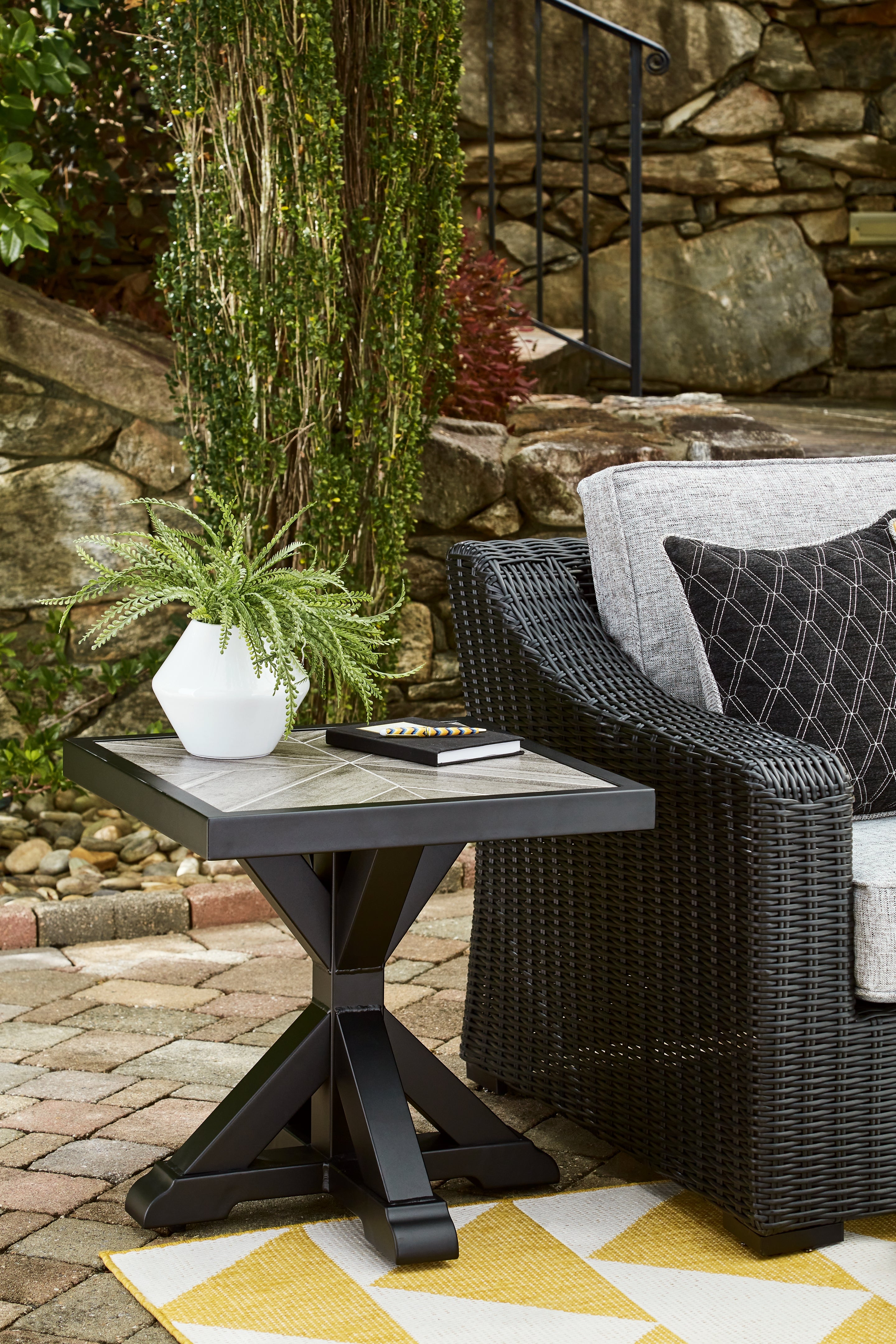 Best Furniture Outlet - Ashley Furniture - Beachcroft Outdoor - Square End Table / Black/Light Gray - P792-702