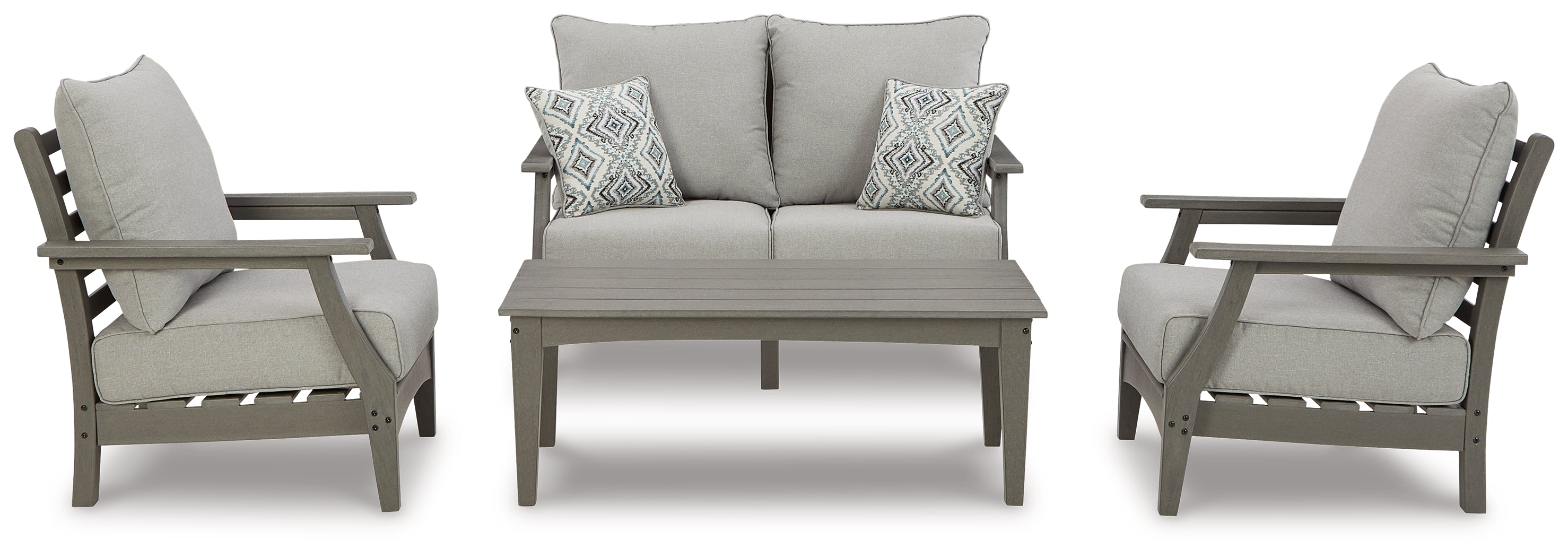 Best Furniture Outlet - Ashley Furniture - Visola Outdoor - Outdoor Loveseat, 2 Lounge Chairs and Coffee Table / Gray - P802P1