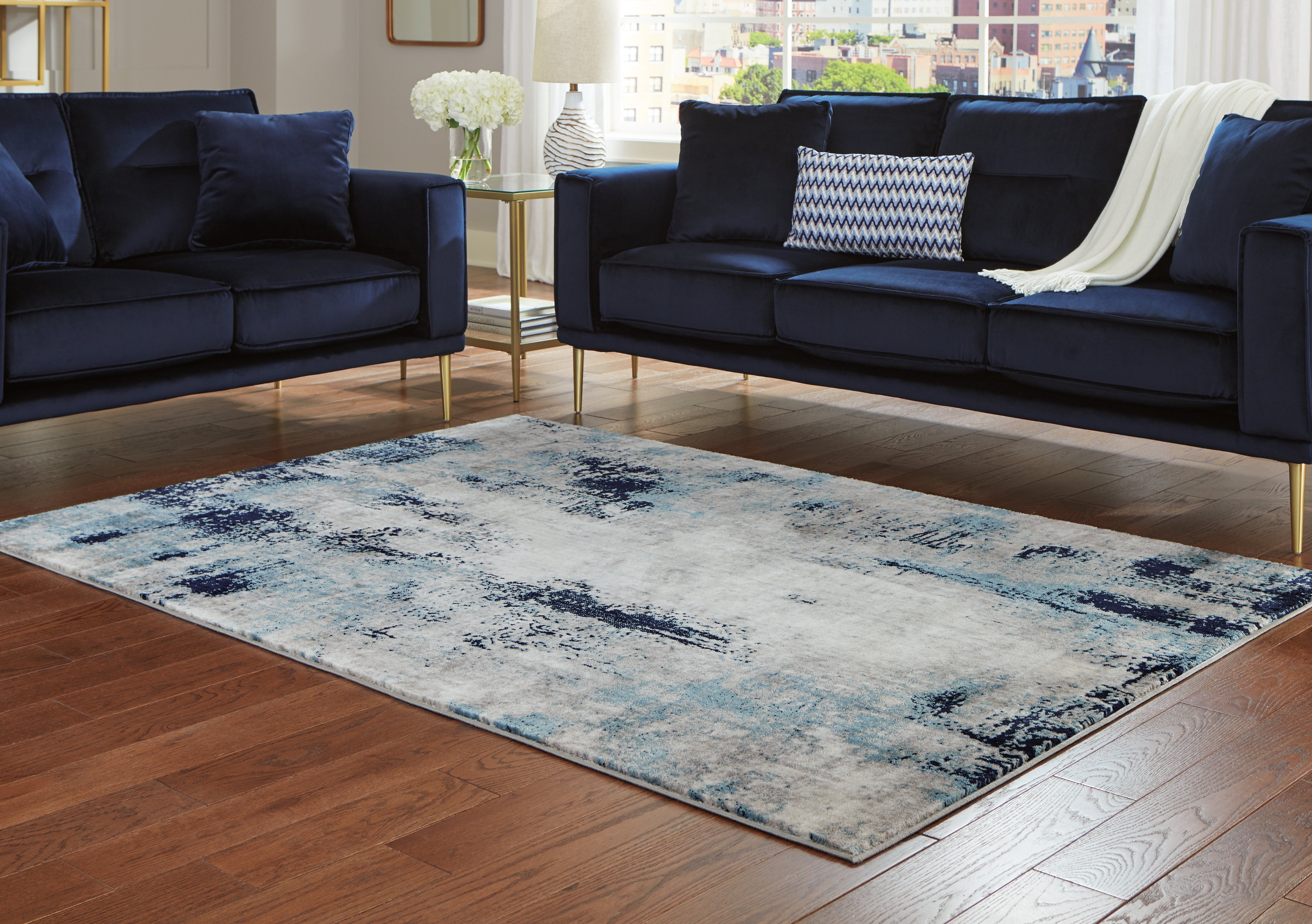 Best Furniture Outlet - Ashley Furniture - Leonelle Rug - 5'3" x 7'3" Rug / Cream/Blue/Gray - R404872