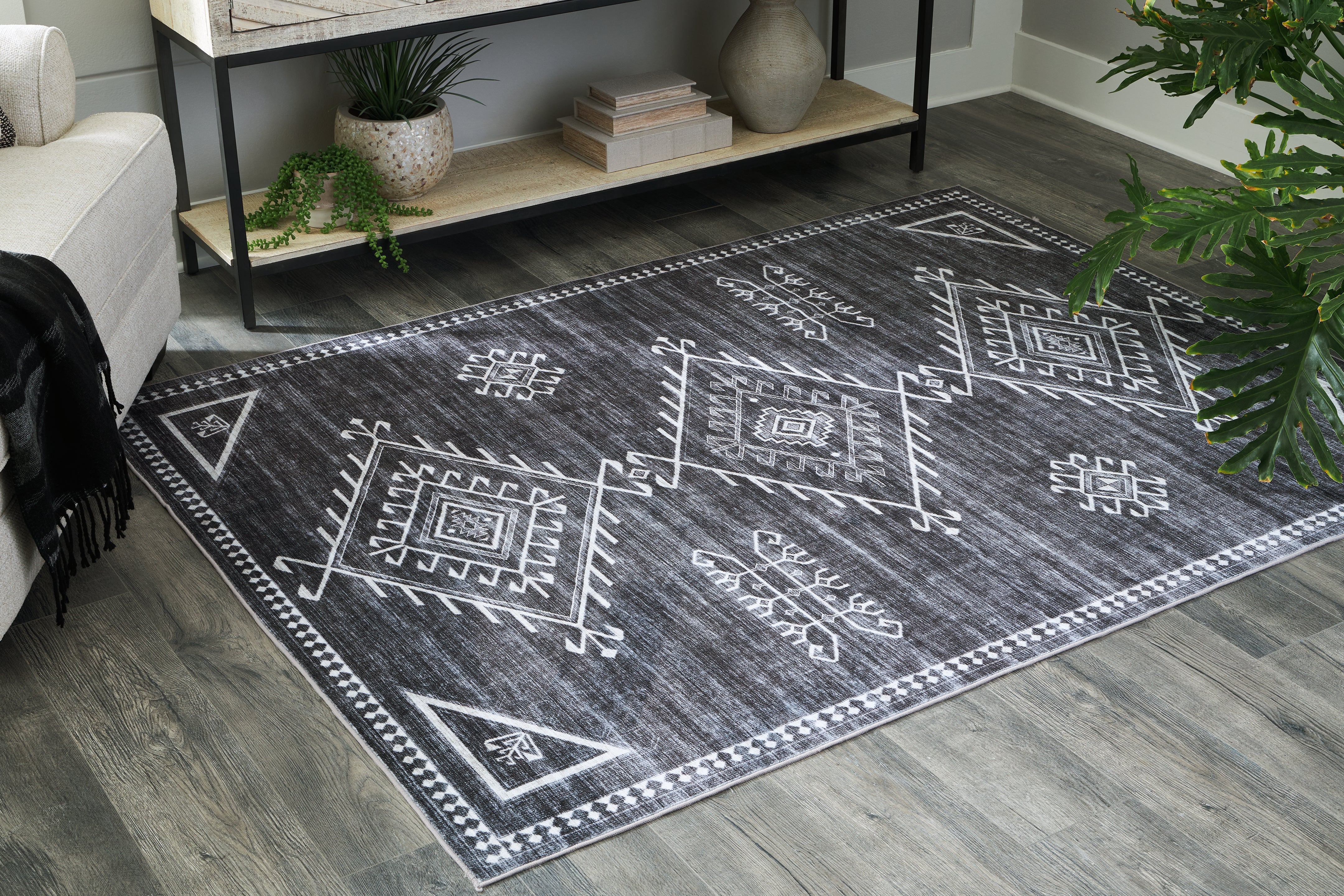 Best Furniture Outlet - Ashley Furniture - Arloman Rug - 5' x 7' Washable Rug / Black/Cream/Gray - R405932