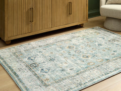Best Furniture Outlet - Ashley Furniture - Ladstoney Rug - 5' x 7' Area Rug / Teal/Beige/Ochre - R407502