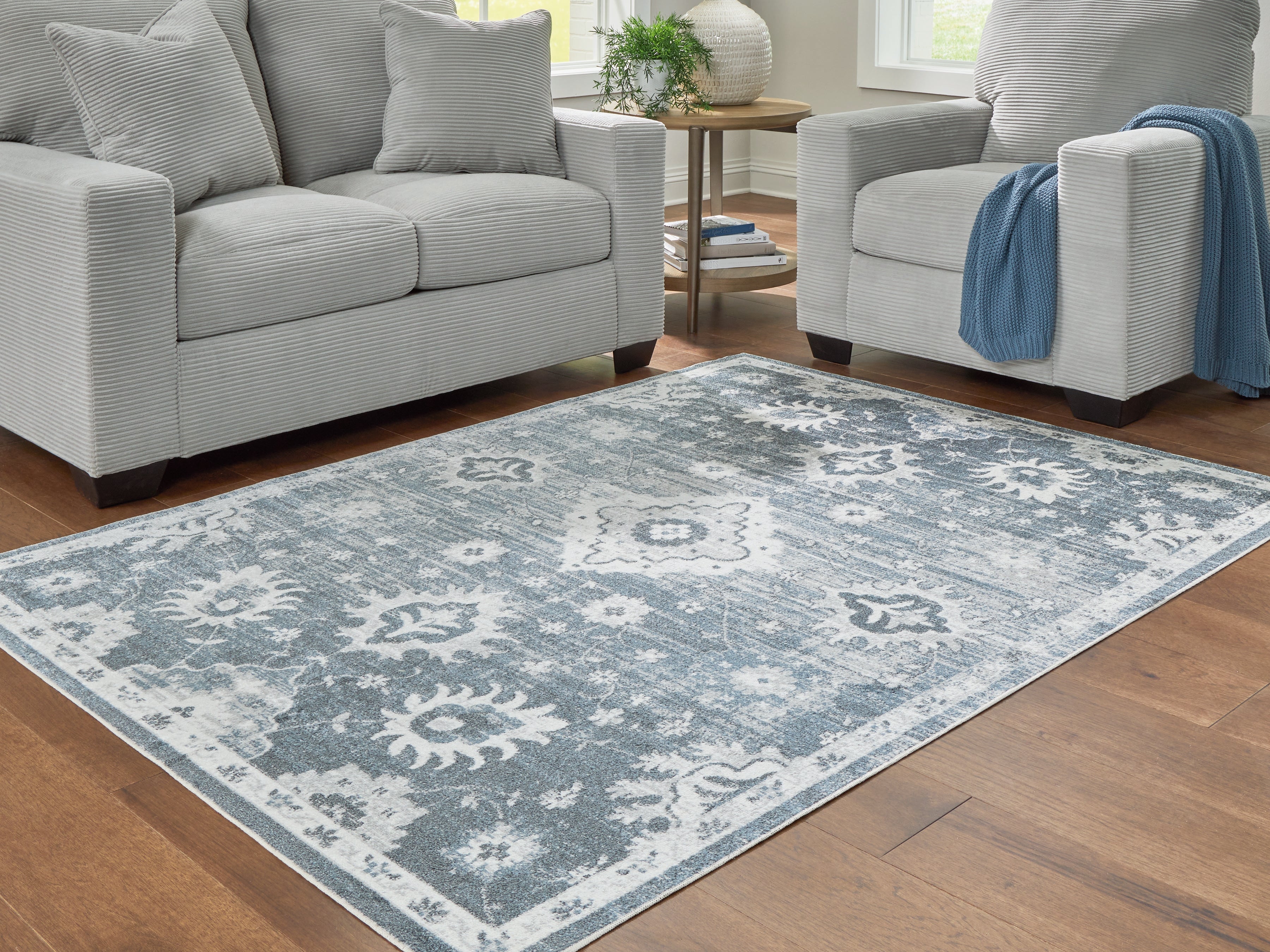 Best Furniture Outlet - Ashley Furniture - Avanworths Rug - Washable 7'10" x 10' Area Rug / Blue/Gray/Ivory - R407791