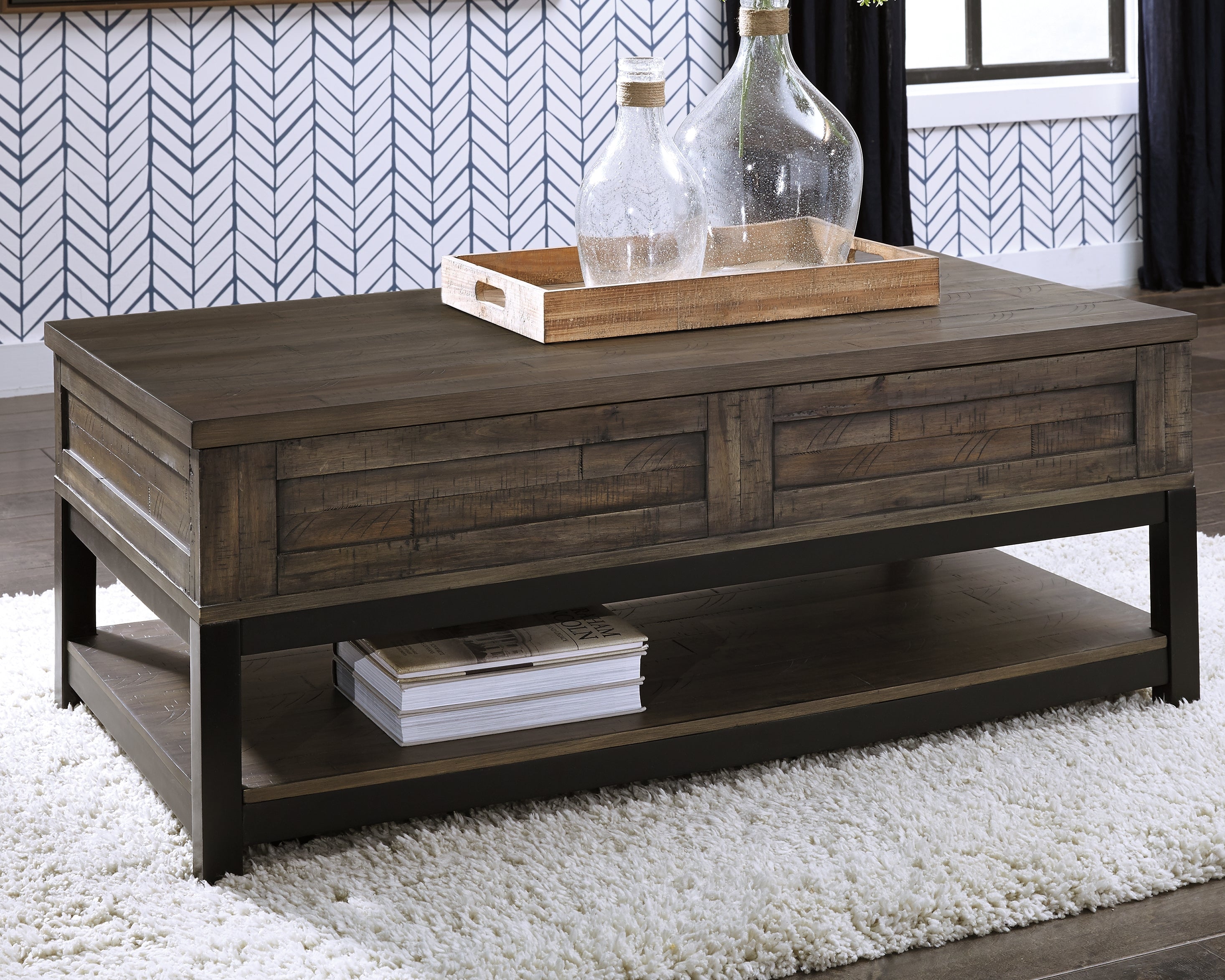 Best Furniture Outlet - Ashley Furniture - Johurst Coffee Table with Lift Top - LIFT TOP COCKTAIL TABLE / Grayish Brown - T444-9