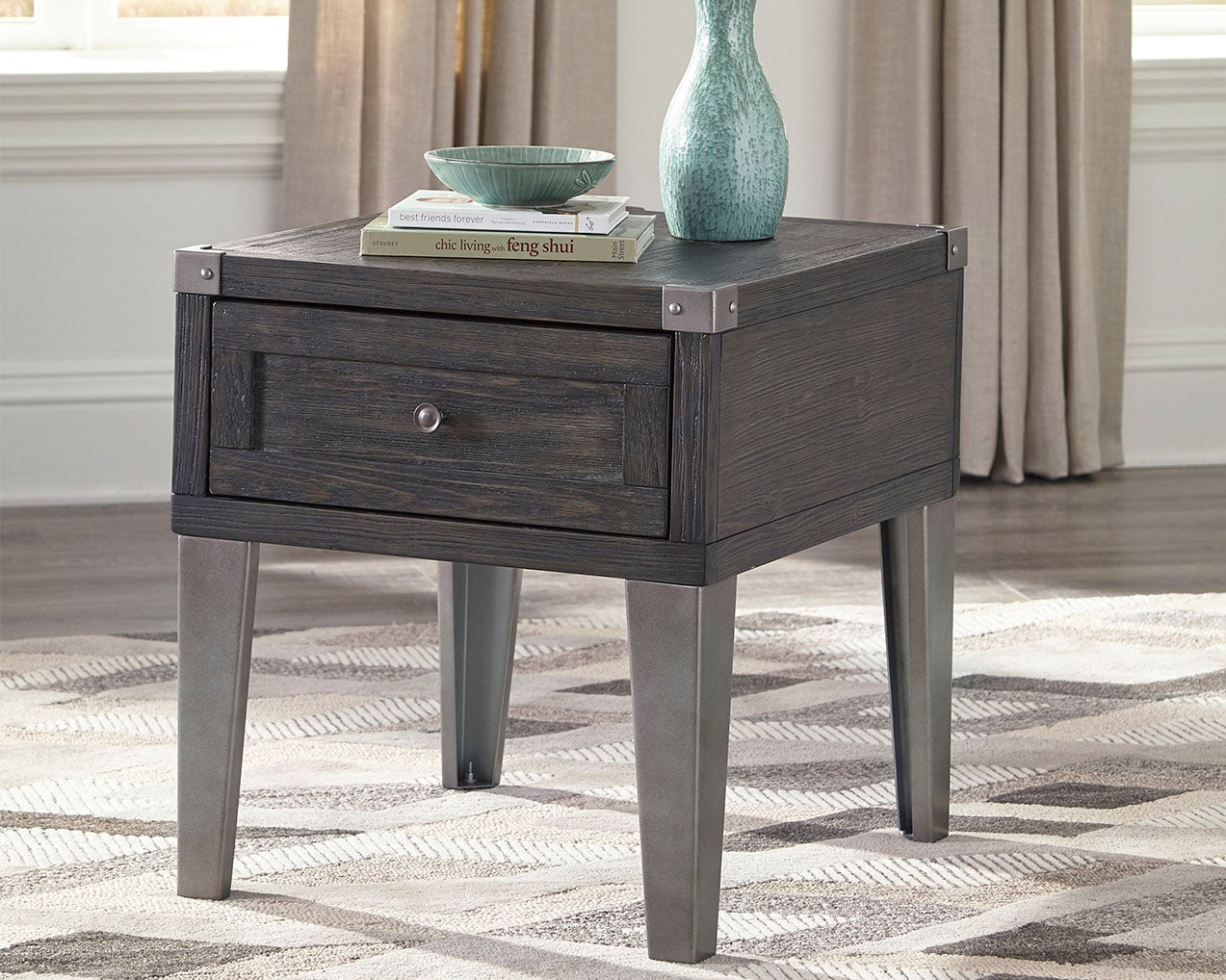 Best Furniture Outlet - Ashley Furniture - Todoe End Table with USB Ports & Outlets - Rectangular End Table / Dark Gray - T901-3