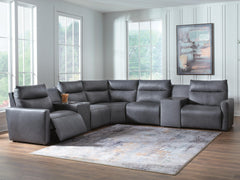 Best Furniture Outlet - Ashley Furniture - ModZ Sectional - 7-Piece Power Reclining Sectional with Audio Consoles / Blue - U14001S8