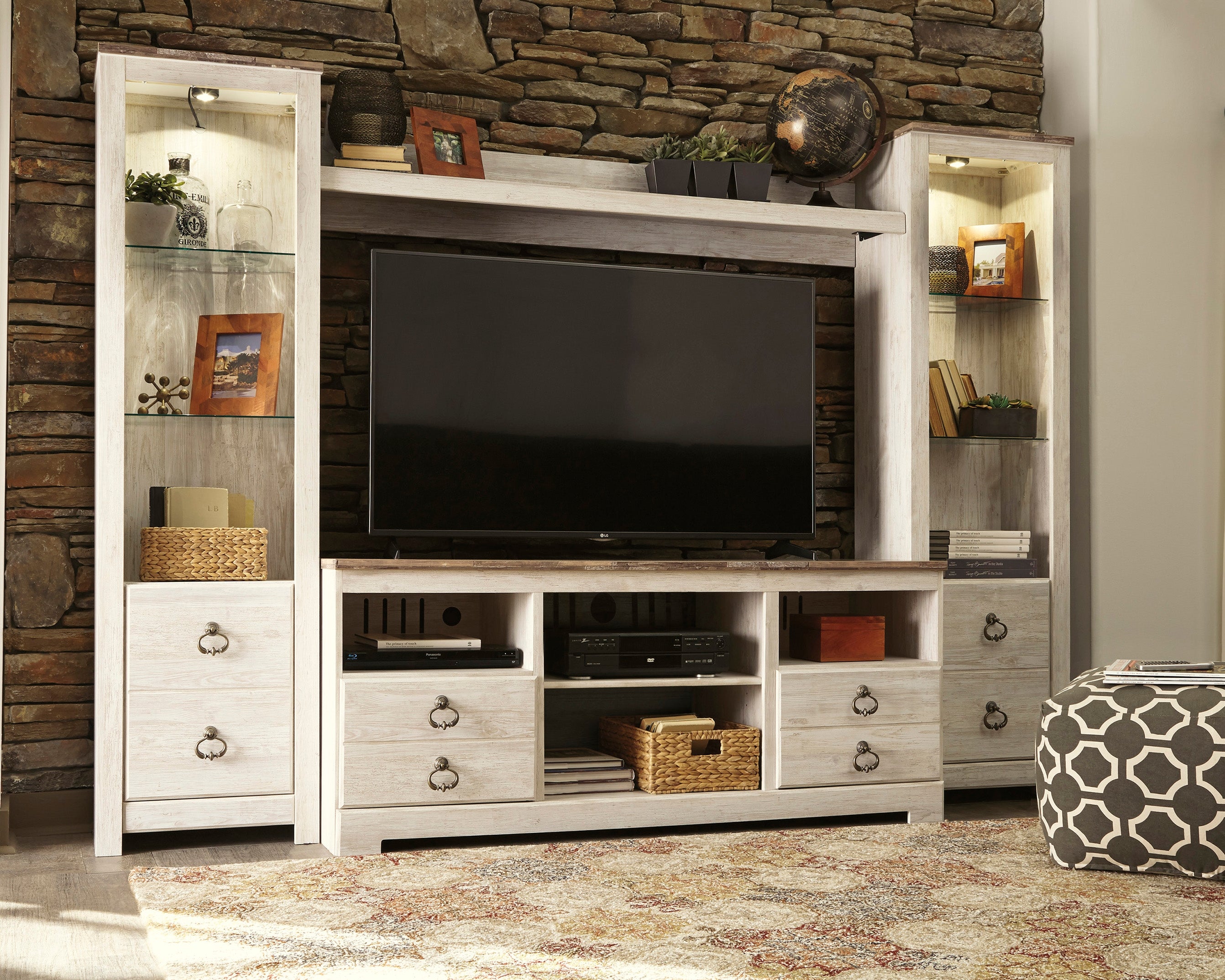 Best Furniture Outlet - Ashley Furniture - Willowton Entertainment Center - 4-Piece Entertainment Center / Whitewash - W267W3