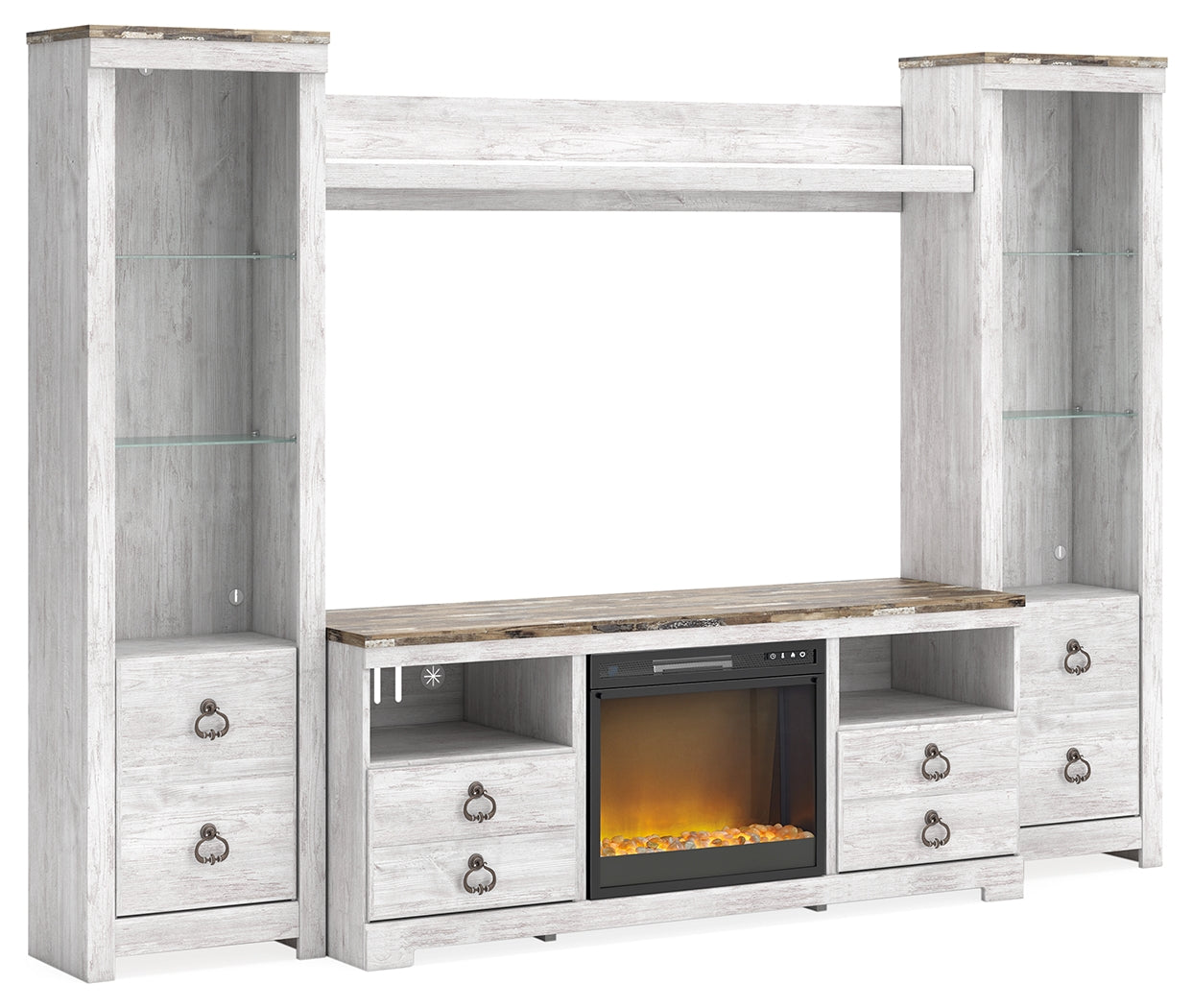 Best Furniture Outlet - Ashley Furniture - Willowton 4-Piece Entertainment Center with Electric Fireplace - 4-Piece Entertainment Center with Electric Fireplace / Whitewash - W267W4