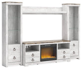 Best Furniture Outlet - Ashley Furniture - Willowton 4-Piece Entertainment Center with Electric Fireplace - 4-Piece Entertainment Center with Electric Fireplace / Whitewash - W267W4