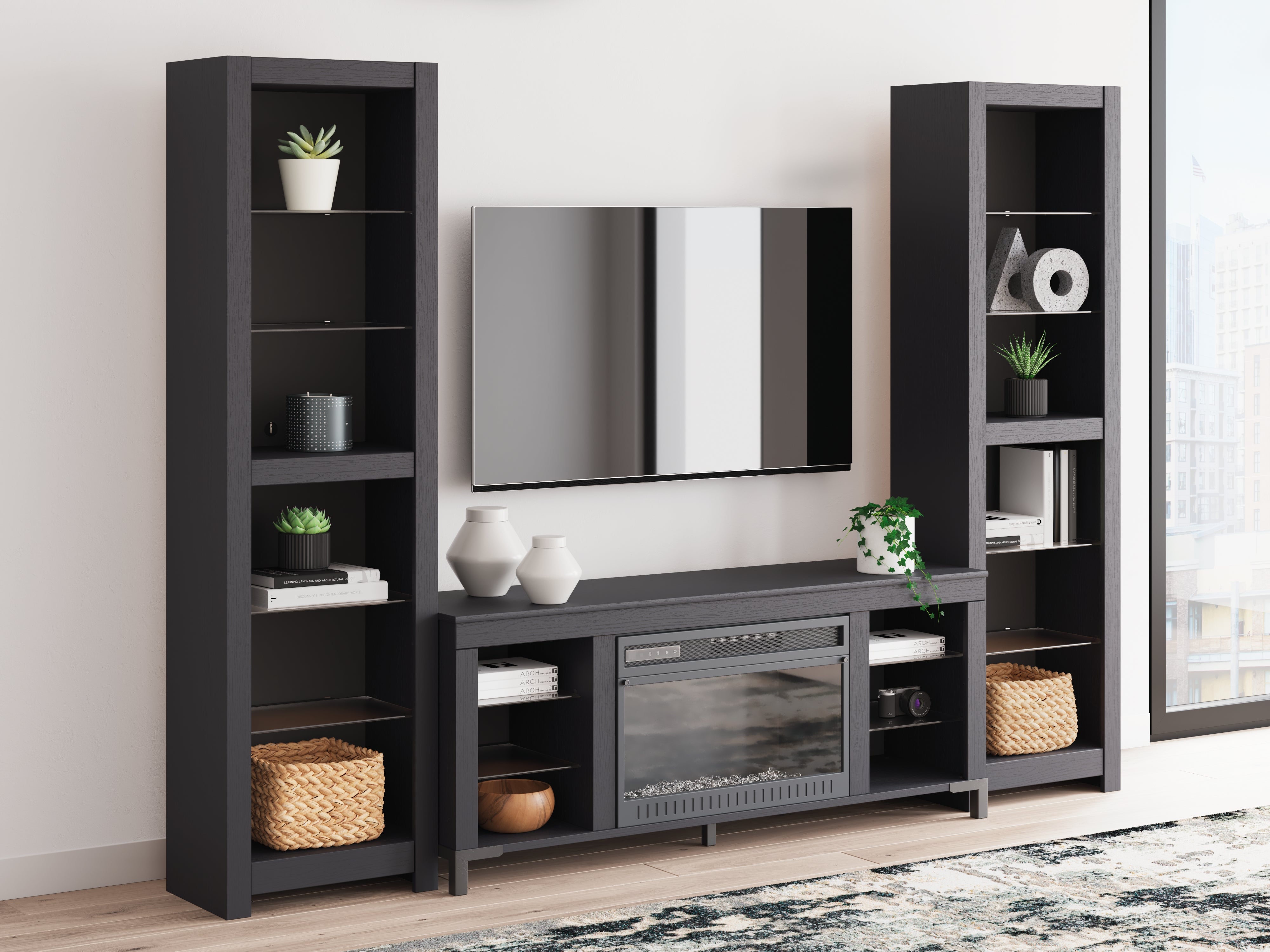Best Furniture Outlet - Ashley Furniture - Cayberry 3-Piece Entertainment Center with Electric Fireplace - 3-Piece Entertainment Center with Electric Fireplace / Black - W2721W2
