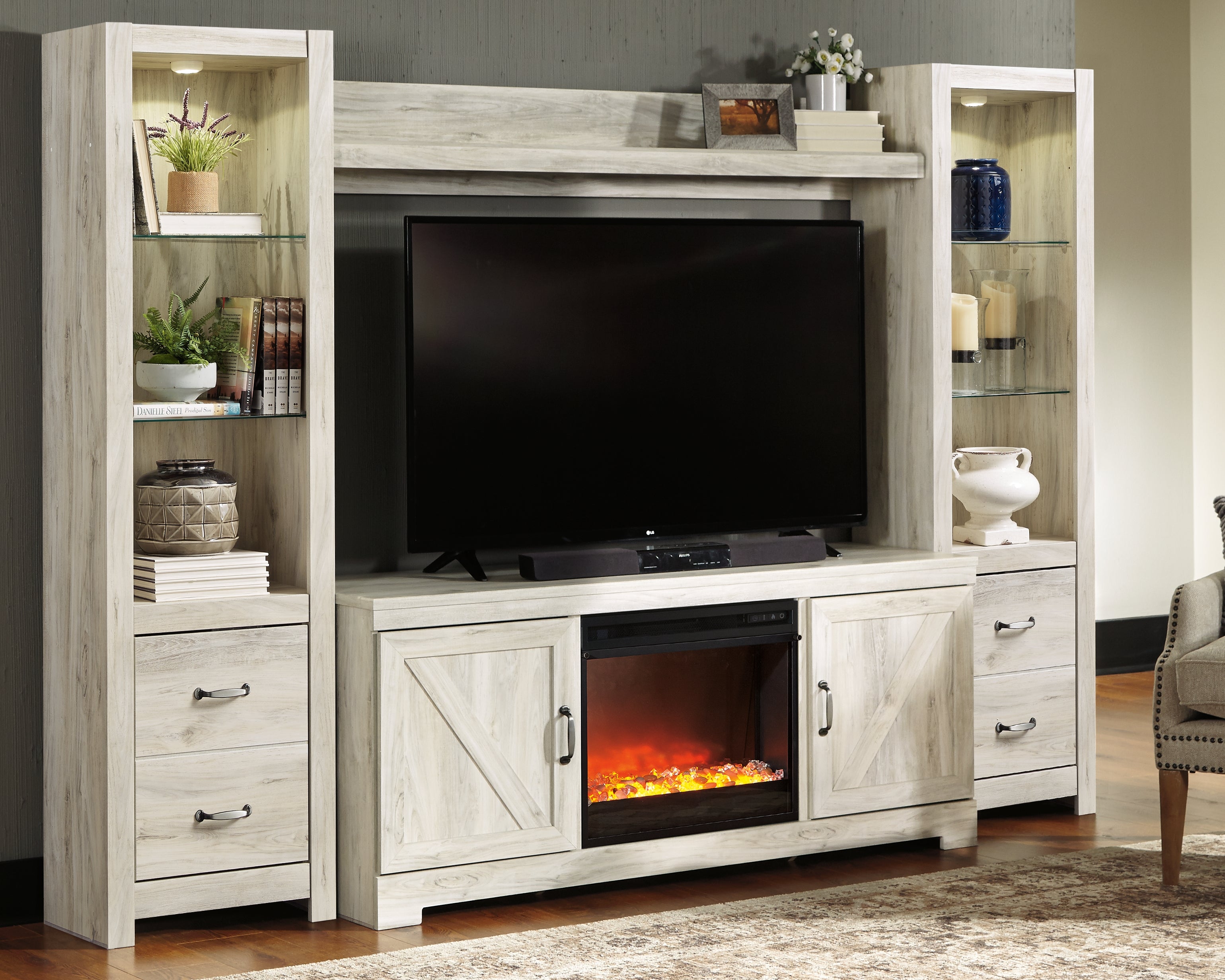 Best Furniture Outlet - Ashley Furniture - Bellaby 4-Piece Entertainment Center with Fireplace - 4-Piece Entertainment Center with Fireplace / Whitewash - W331W5