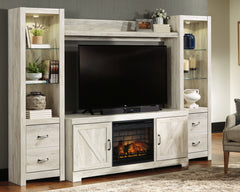 Best Furniture Outlet - Ashley Furniture - Bellaby 4-Piece Entertainment Center with Electric Fireplace - 4-Piece Entertainment Center with Electric Fireplace / Whitewash - W331W8