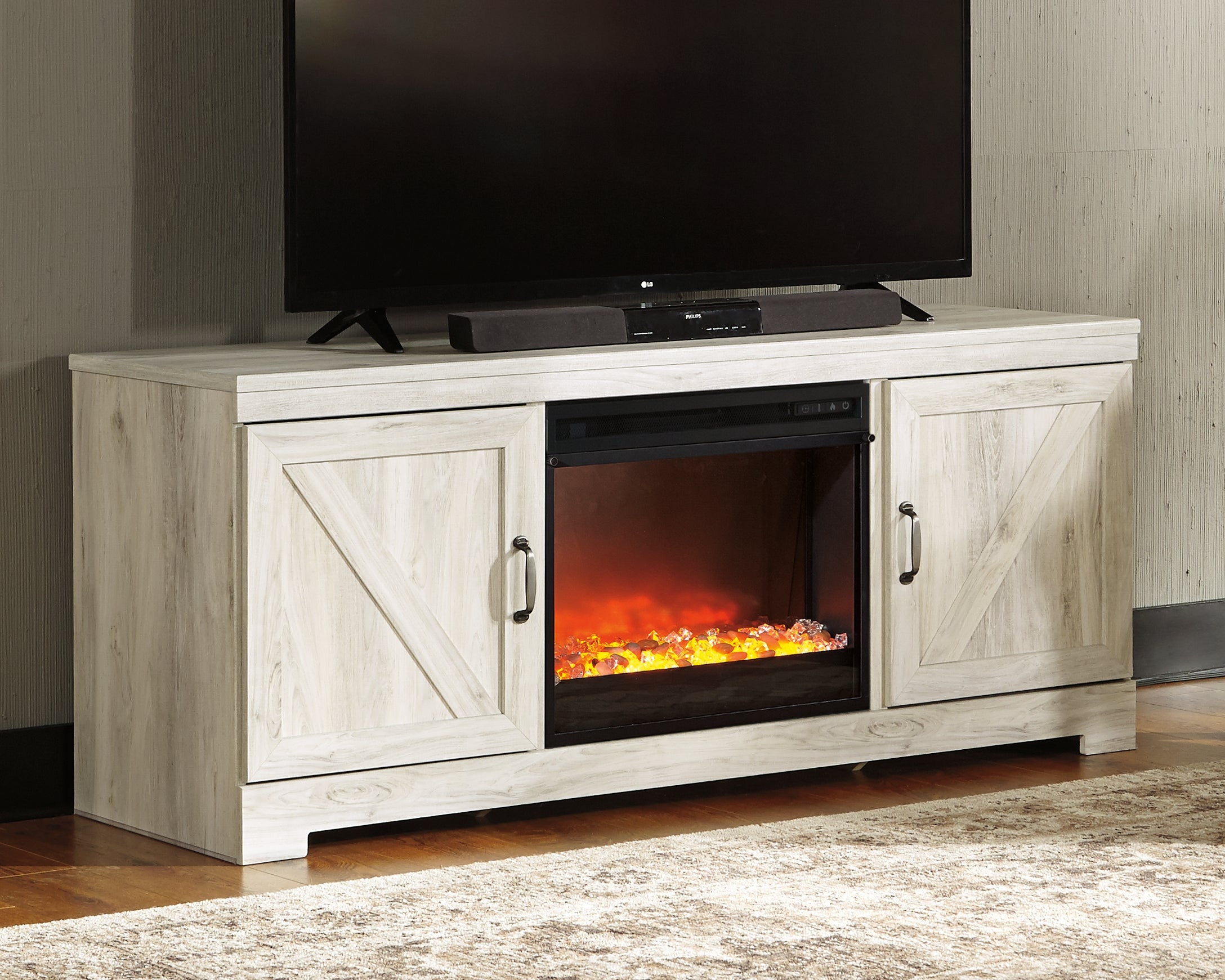 Best Furniture Outlet - Ashley Furniture - Bellaby 63" TV Stand with Fireplace - 63" TV Stand with Fireplace / Whitewash - W331W4