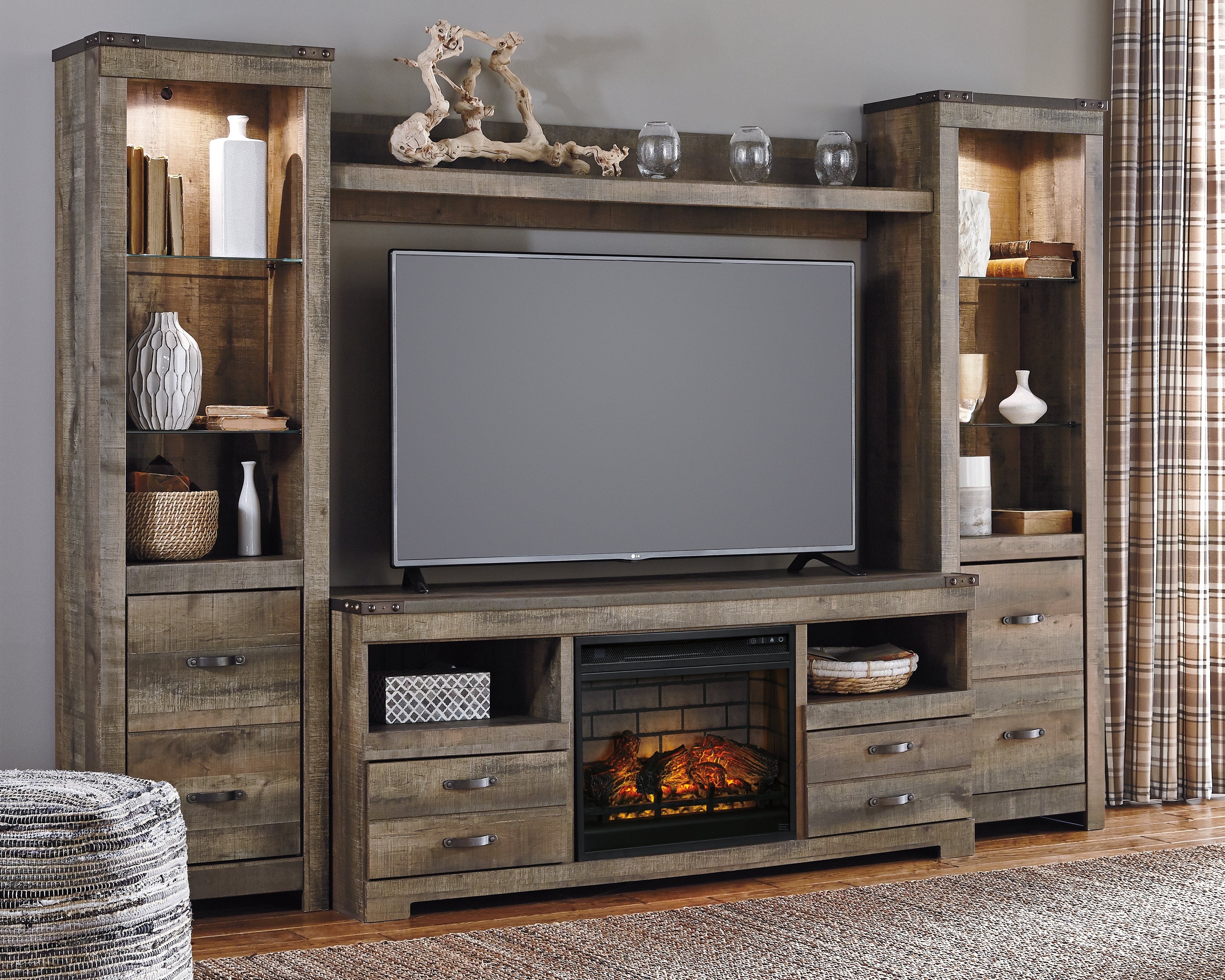 Best Furniture Outlet - Ashley Furniture - Trinell 4-Piece Entertainment Center with Electric Fireplace - 4-Piece Entertainment Center with Electric Fireplace / Brown - W446W8