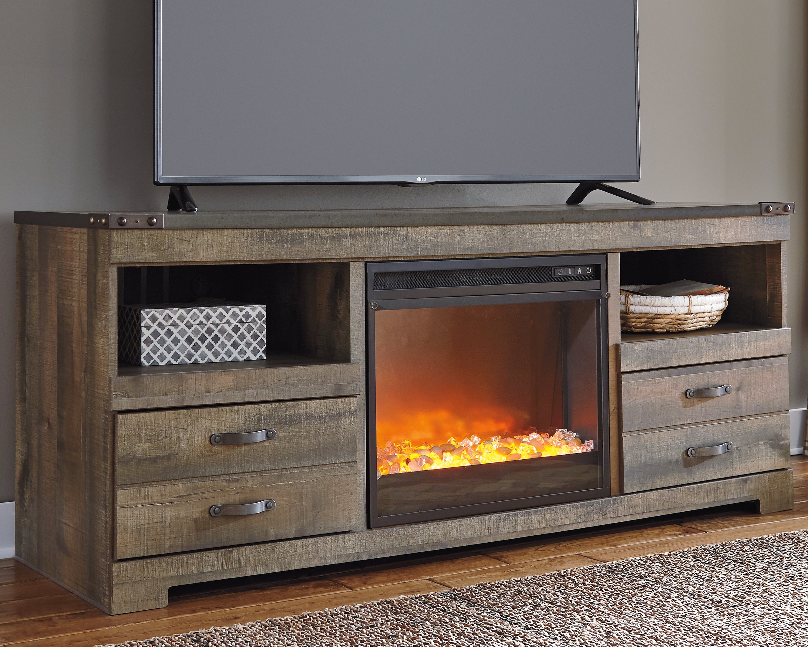 Best Furniture Outlet - Ashley Furniture - Trinell 63" TV Stand with Electric Fireplace - 63" TV Stand with Electric Fireplace / Brown - W446W5