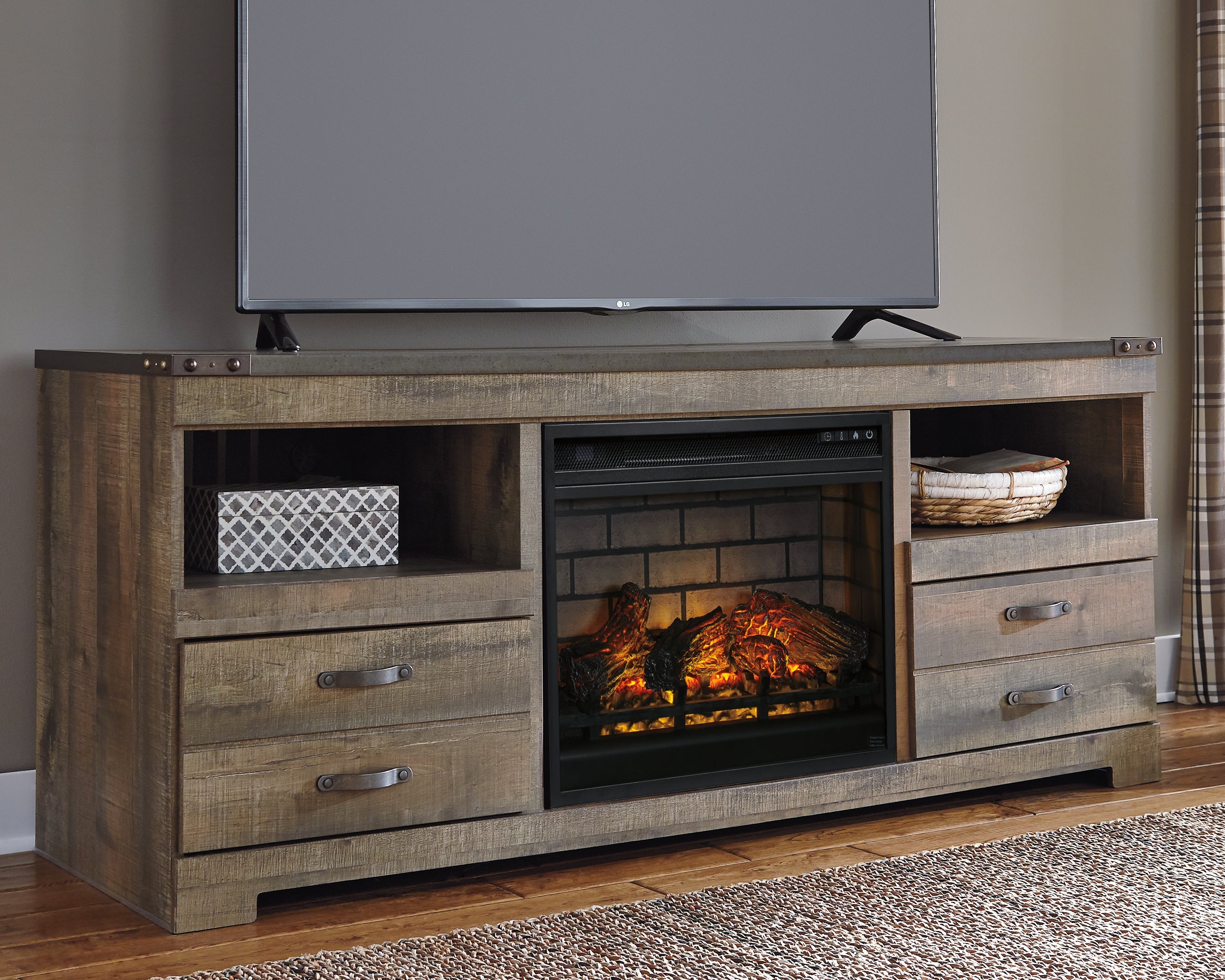 Best Furniture Outlet - Ashley Furniture - Trinell 63" TV Stand with Electric Fireplace - 63" TV Stand with Electric Fireplace / Brown - W446W9