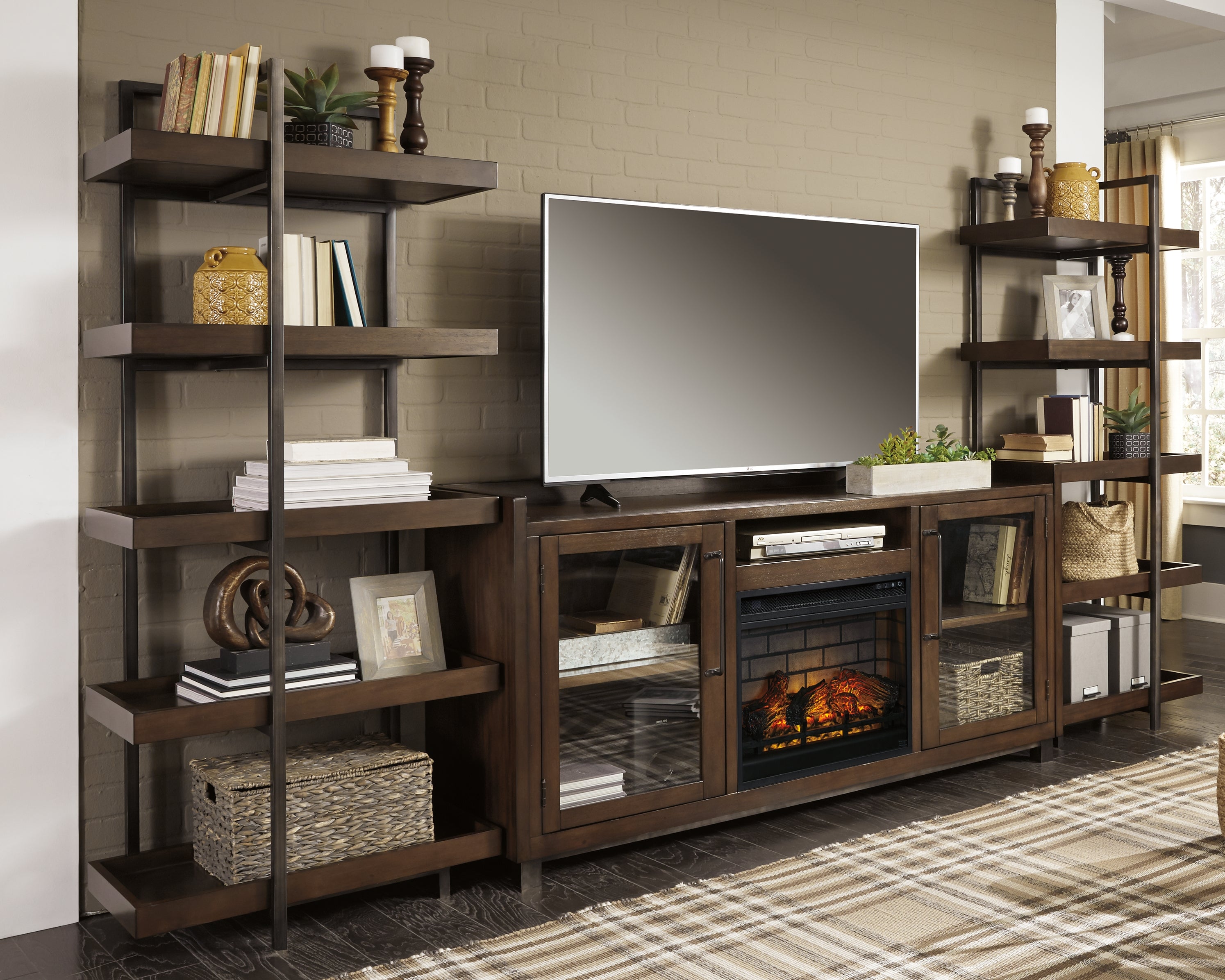 Best Furniture Outlet - Ashley Furniture - Starmore 3-Piece Wall Unit with Electric Fireplace - 3-Piece Wall Unit with Electric Fireplace / Brown/Gunmetal - W633W6