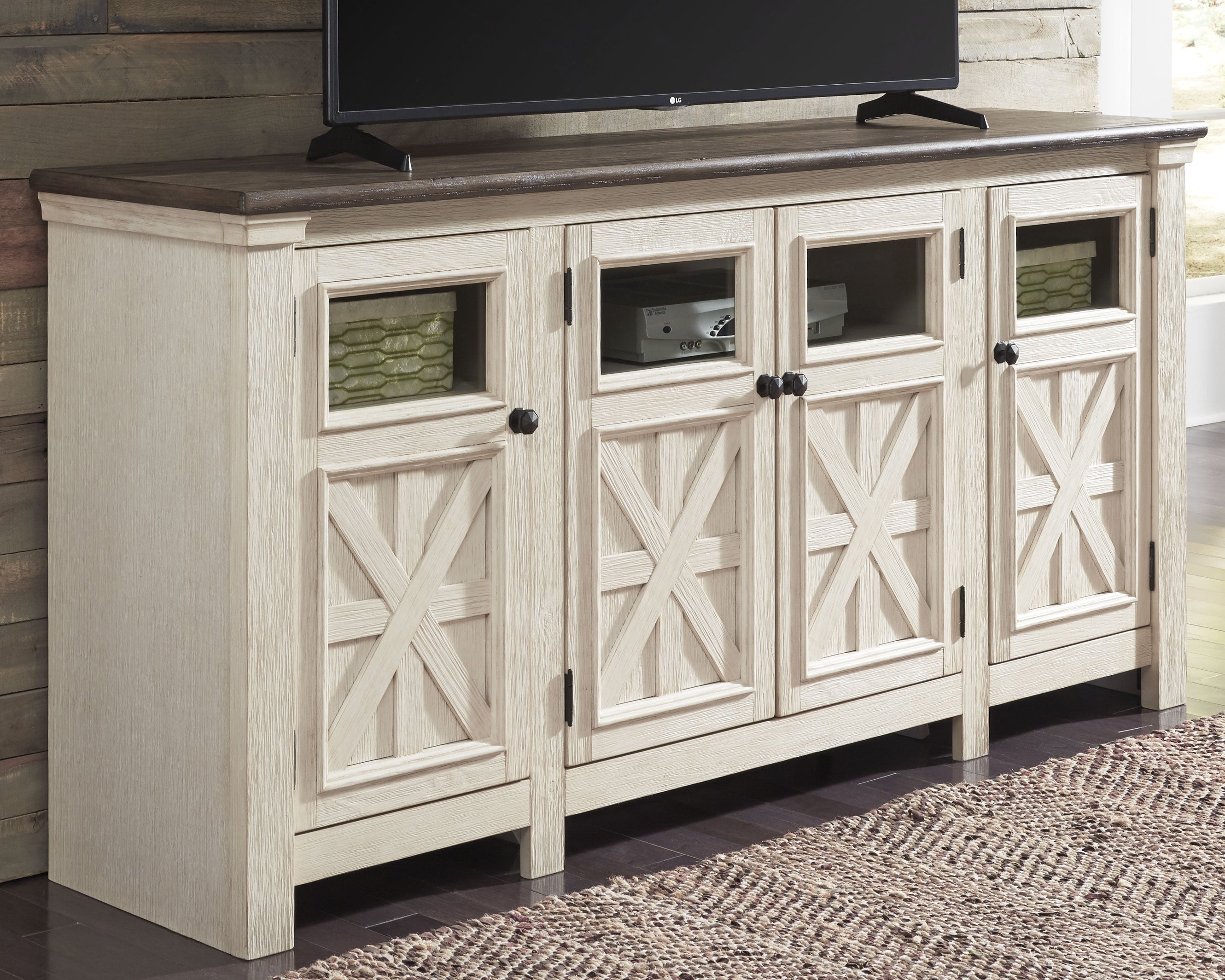 Best Furniture Outlet - Ashley Furniture - Bolanburg 74" TV Stand - 74" / White/Weathered Gray - W647-60