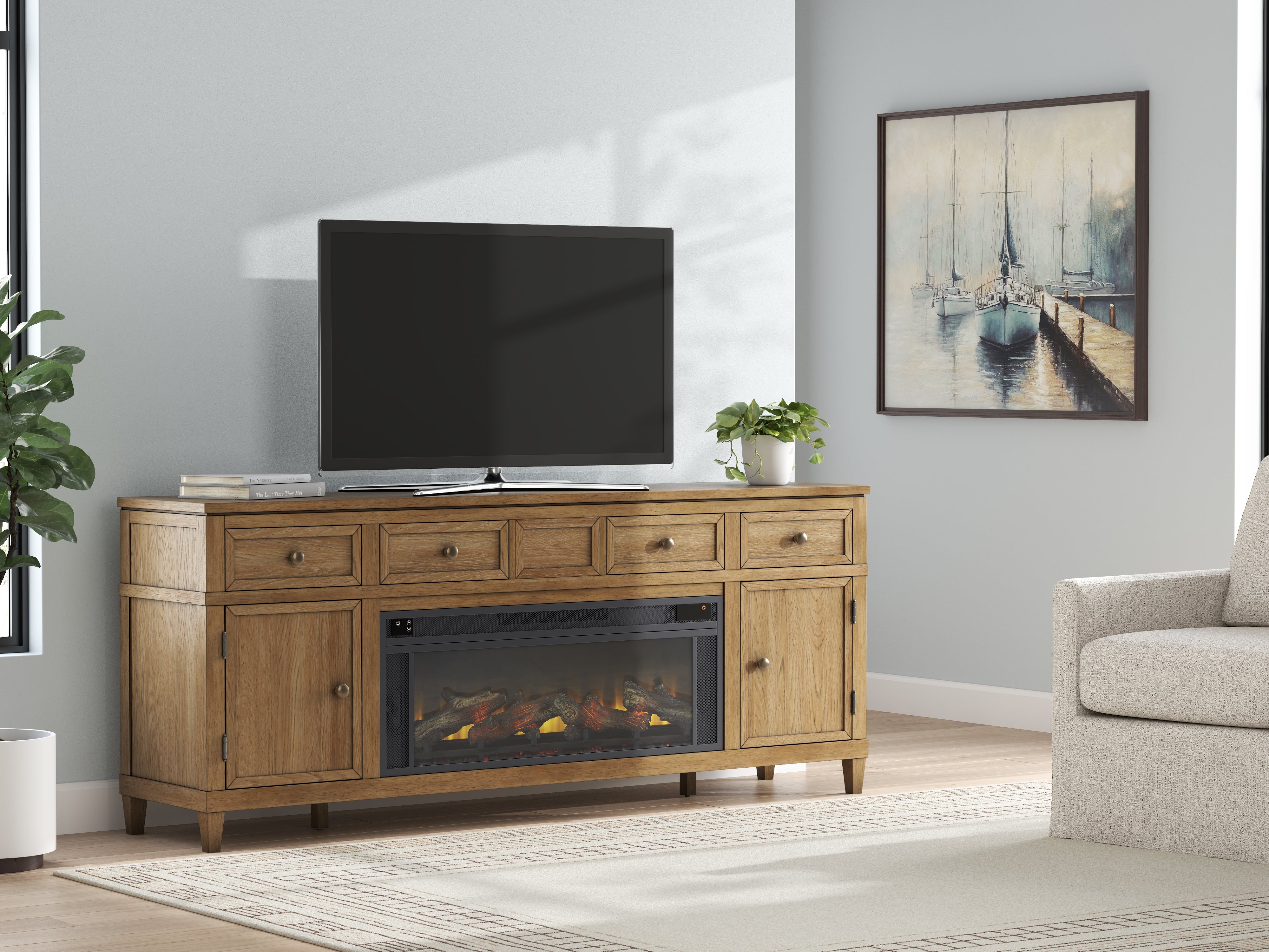 Best Furniture Outlet - Ashley Furniture - Sharlance 81" TV Stand with Electric Fireplace - 81" TV Stand with Electric Fireplace / Light Brown - W655W1