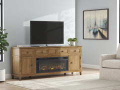 Best Furniture Outlet - Ashley Furniture - Sharlance 81" TV Stand with Electric Fireplace - 81" TV Stand with Electric Fireplace / Light Brown - W655W1