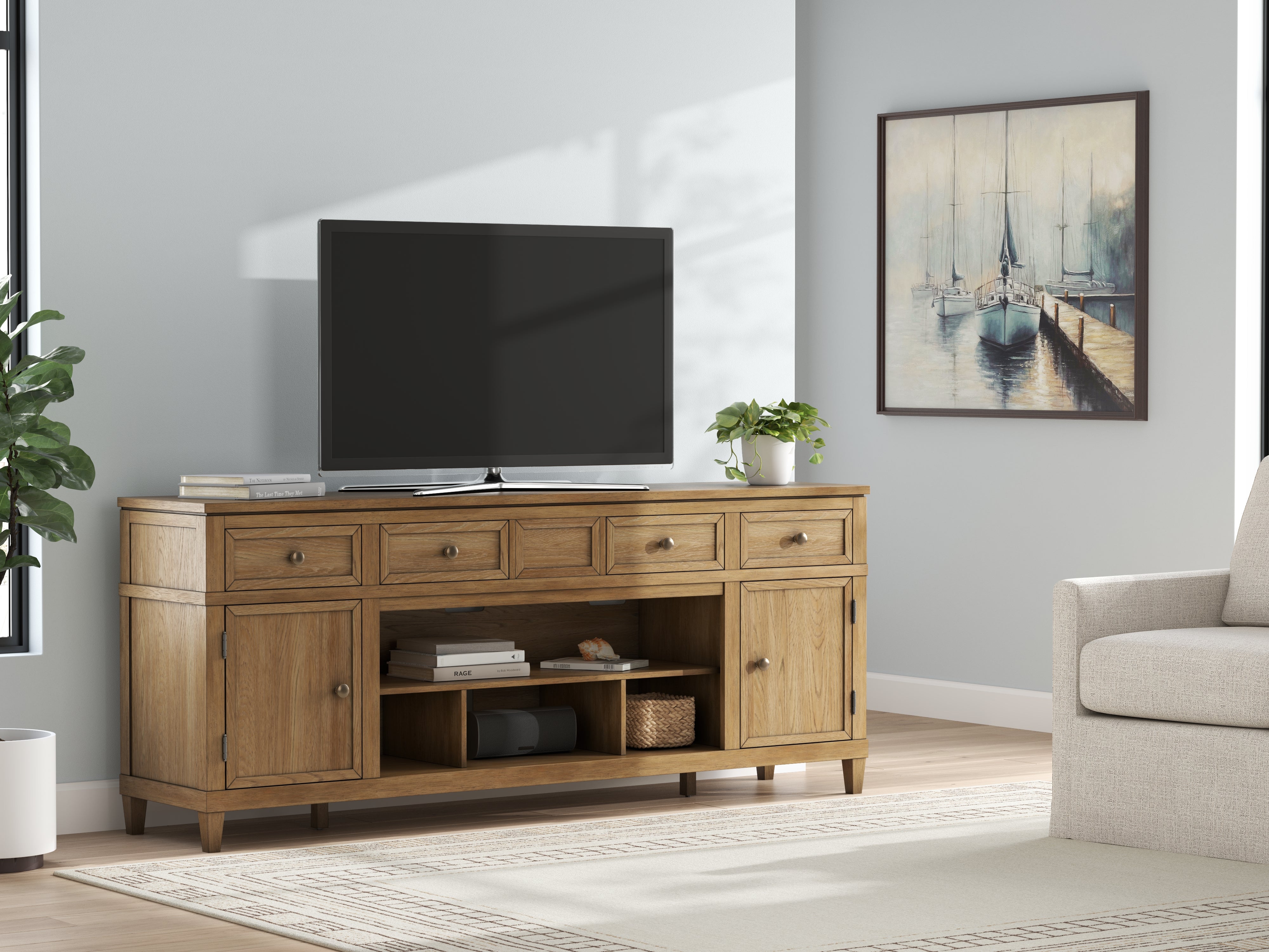 Best Furniture Outlet - Ashley Furniture - Sharlance 81" TV Stand - 81" / Light Brown - W655-68
