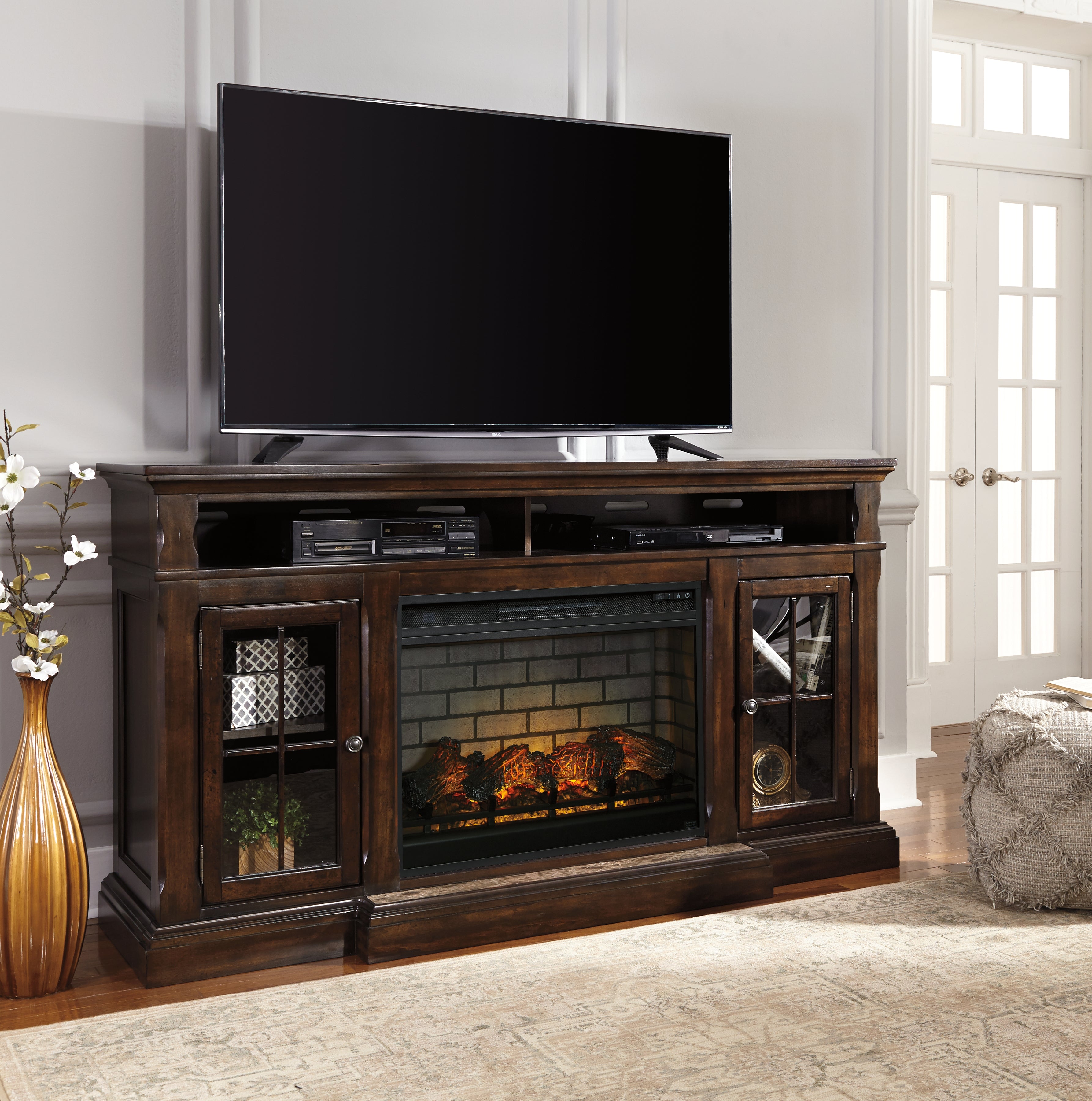 Best Furniture Outlet - Ashley Furniture - Roddinton 72" TV Stand with Electric Fireplace - 72" TV Stand with Electric Fireplace / Dark Brown - W701W8