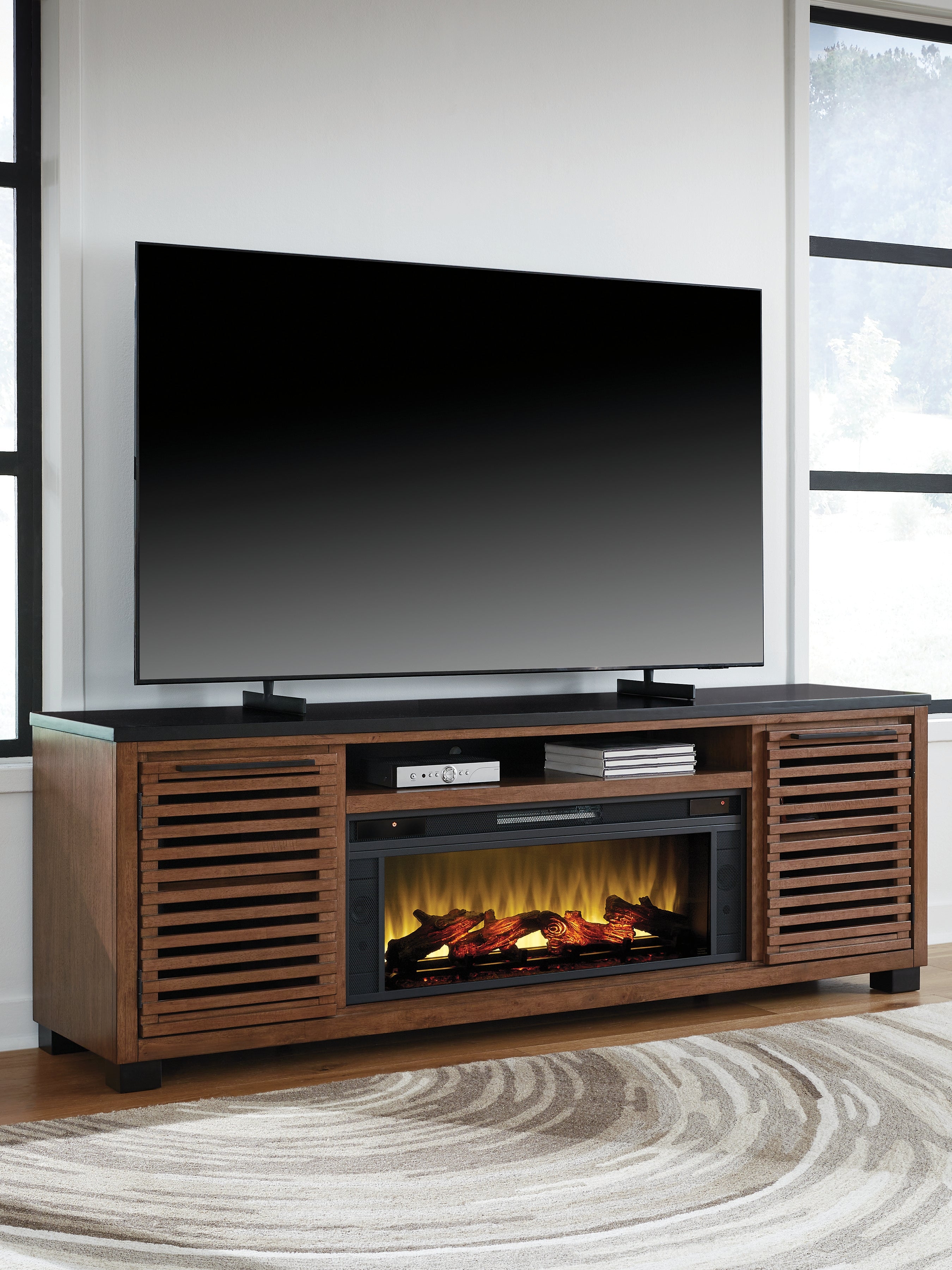 Best Furniture Outlet - Ashley Furniture - Kallari 84" TV Stand with Electric Fireplace - 84" TV Stand with Electric Fireplace / Warm Brown/Black - W737W1