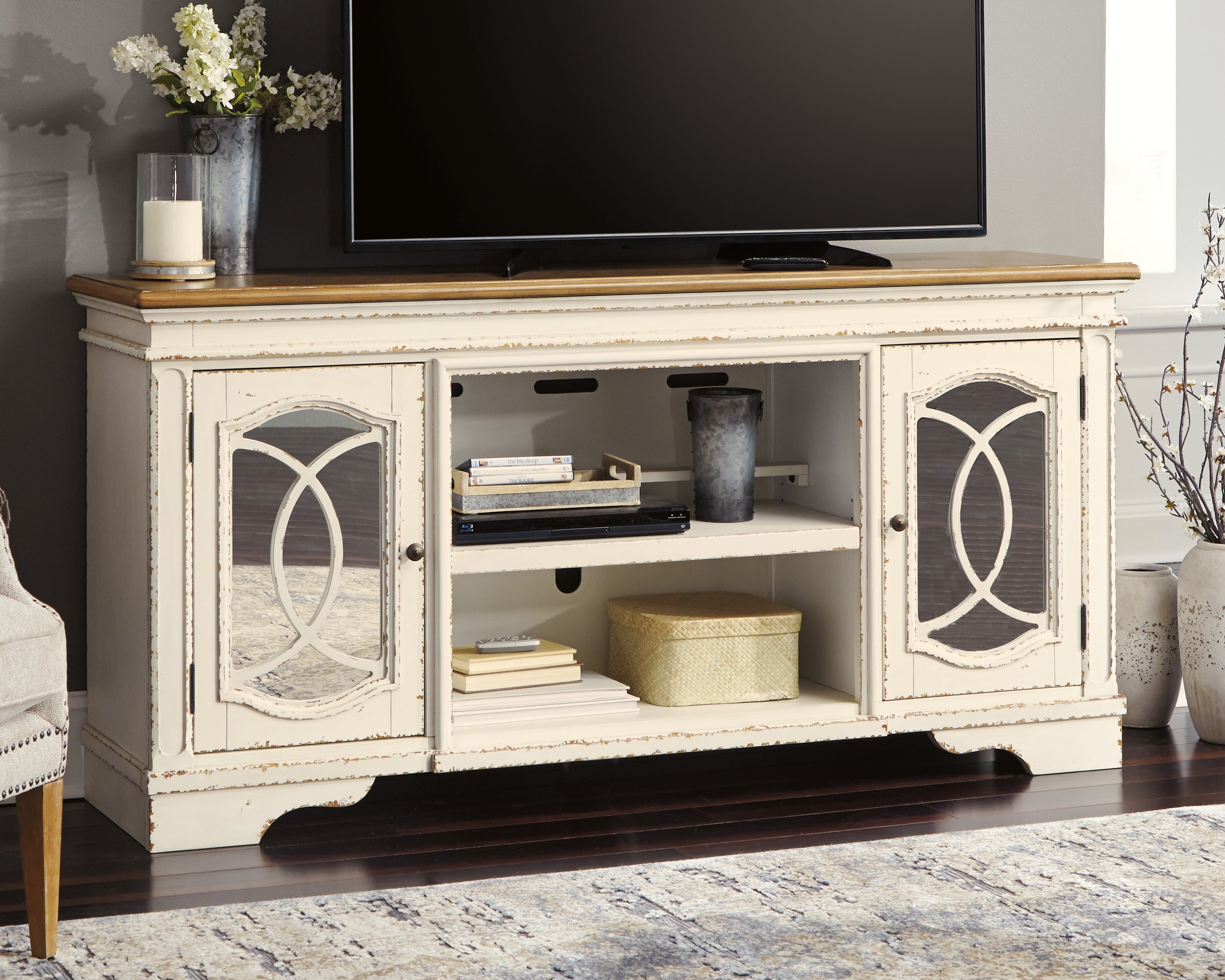 Best Furniture Outlet - Ashley Furniture - Realyn 74" TV Stand - 74" / Chipped White - W743-68