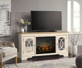 Best Furniture Outlet - Ashley Furniture - Realyn 74" TV Stand with Electric Fireplace - 74" TV Stand with Electric Fireplace / Chipped White - W743W2
