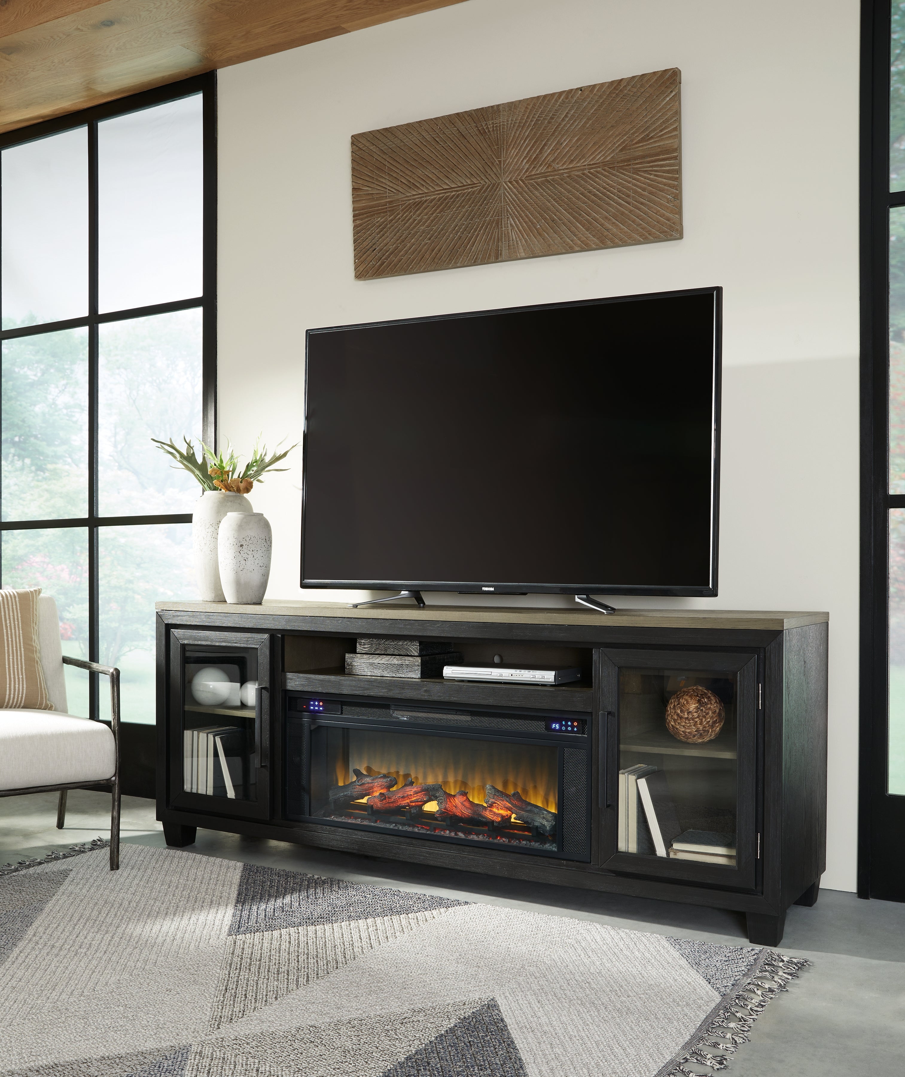 Best Furniture Outlet - Ashley Furniture - Foyland 83" TV Stand with Electric Fireplace - 83" TV Stand with Electric Fireplace / Black/Brown - W989W1