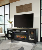 Best Furniture Outlet - Ashley Furniture - Foyland 83" TV Stand with Electric Fireplace - 83" TV Stand with Electric Fireplace / Black/Brown - W989W1