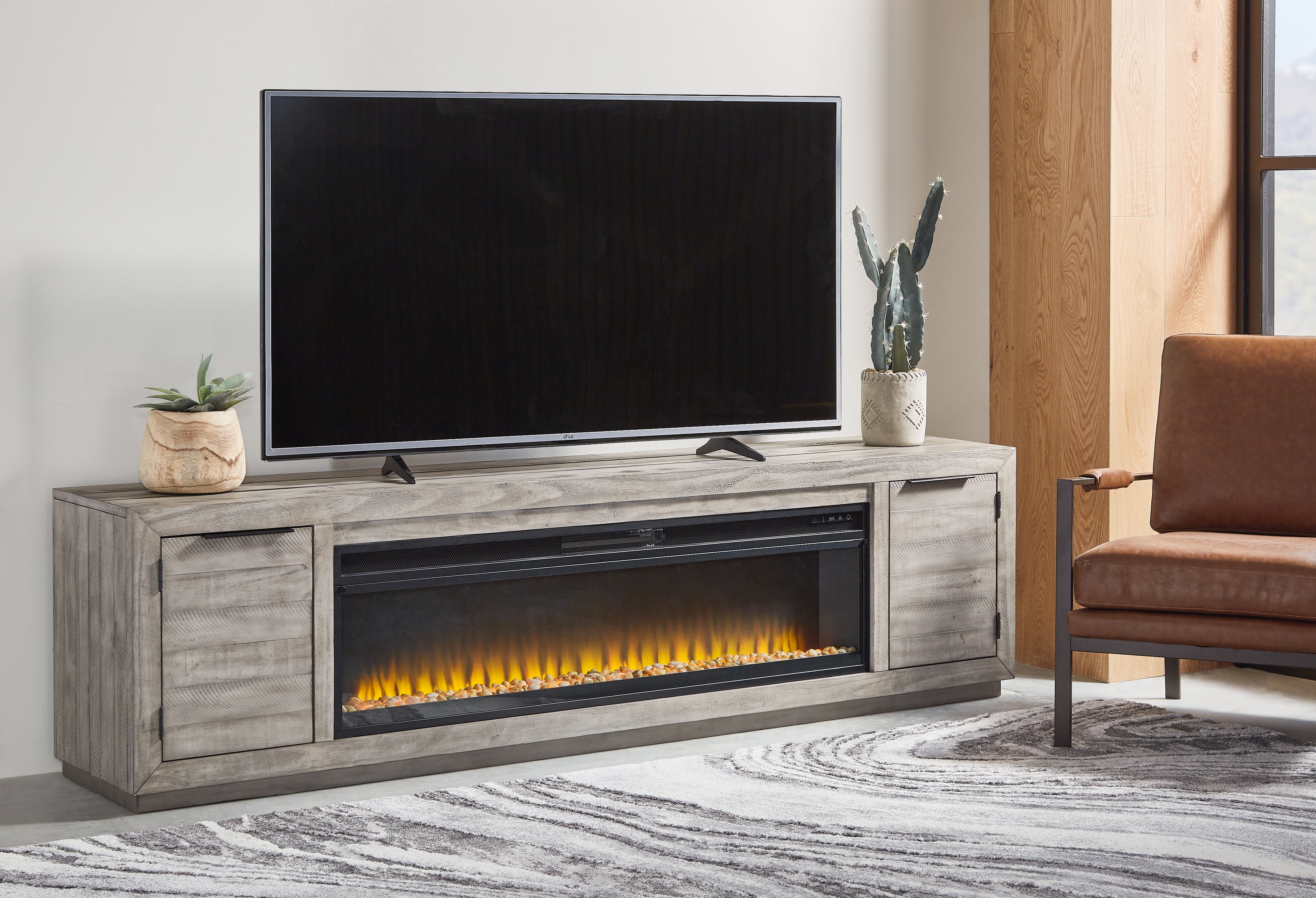 Best Furniture Outlet - Ashley Furniture - Naydell 92" TV Stand with Electric Fireplace - 92" TV Stand with Electric Fireplace / Gray - W996W1