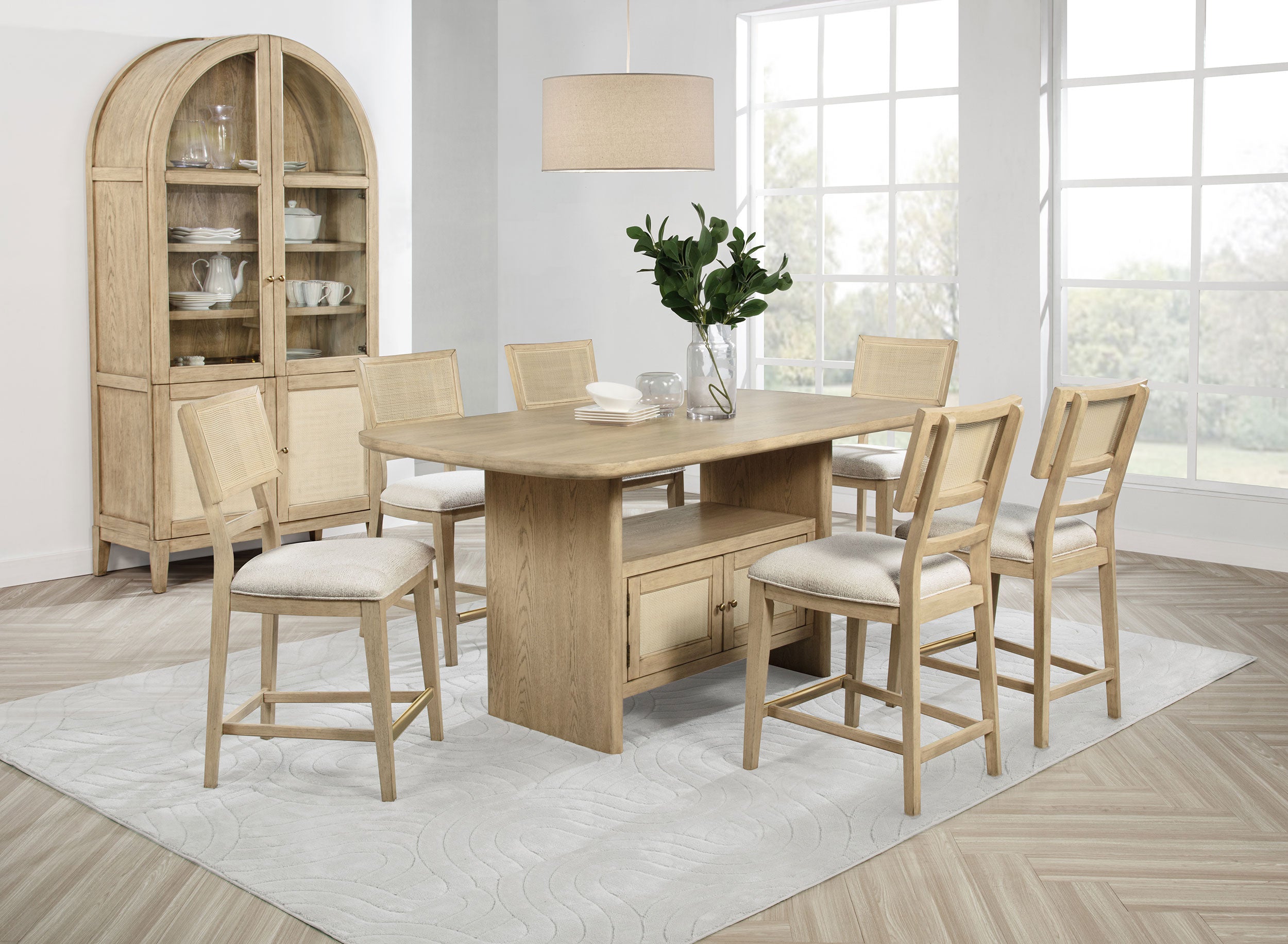 Best Furniture Outlet - Coaster - Kailani 8-piece Counter Dining Set with Cabinet Beige Oak - 109388-S8