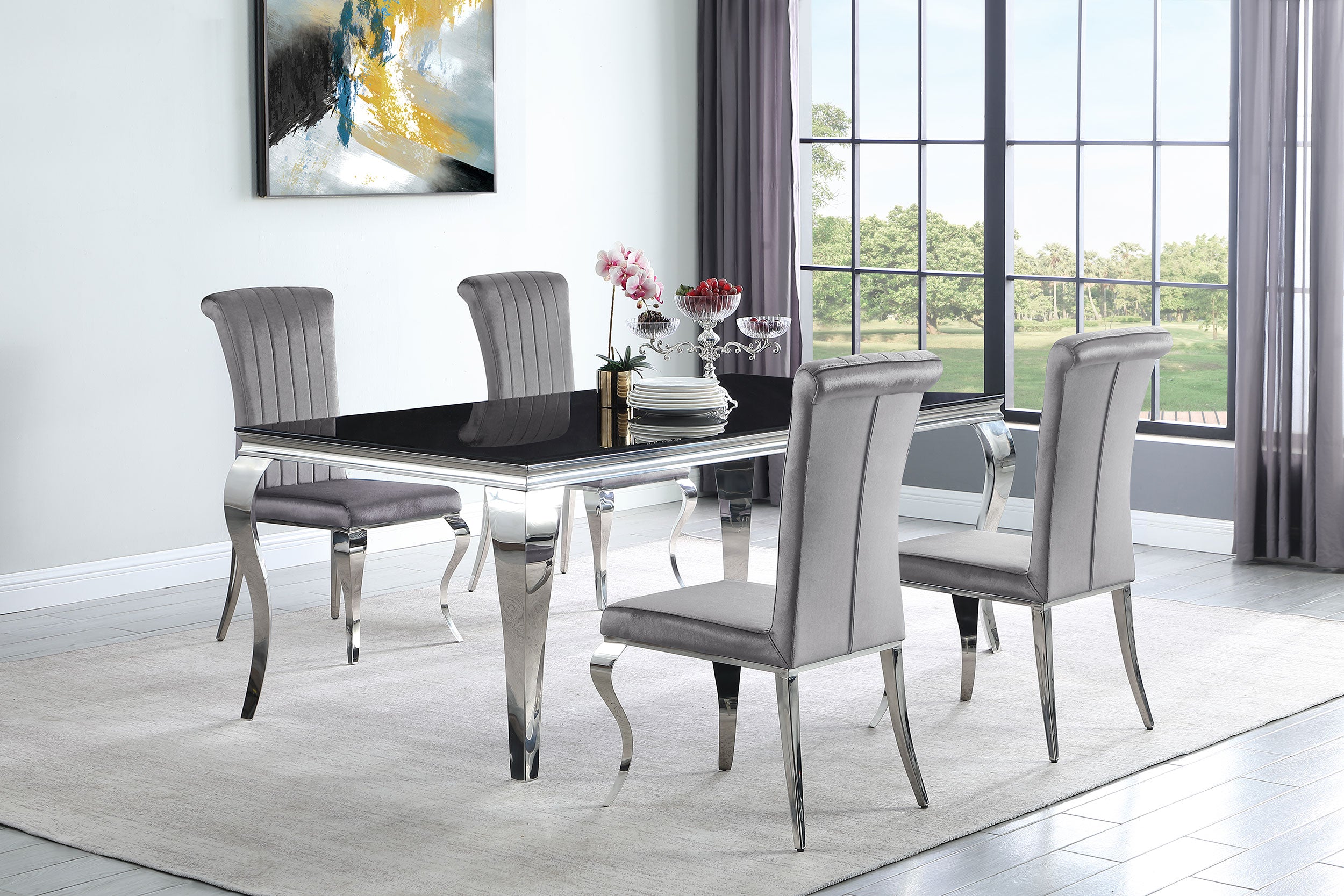 Best Furniture Outlet - Coaster - Carone 5-piece 81-inch Rectangular Black Glass Dining Set Grey - 115071-S5G