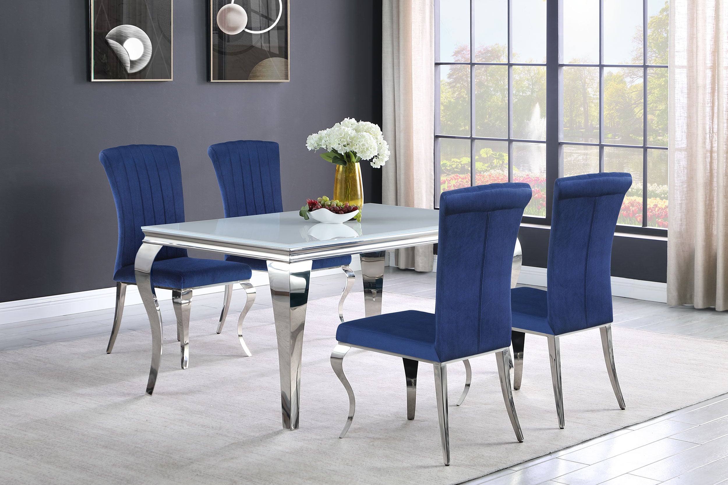 Best Furniture Outlet - Coaster - Carone 5-piece 61-inch Rectangular White Glass Dining Set Blue - 115091-S5B